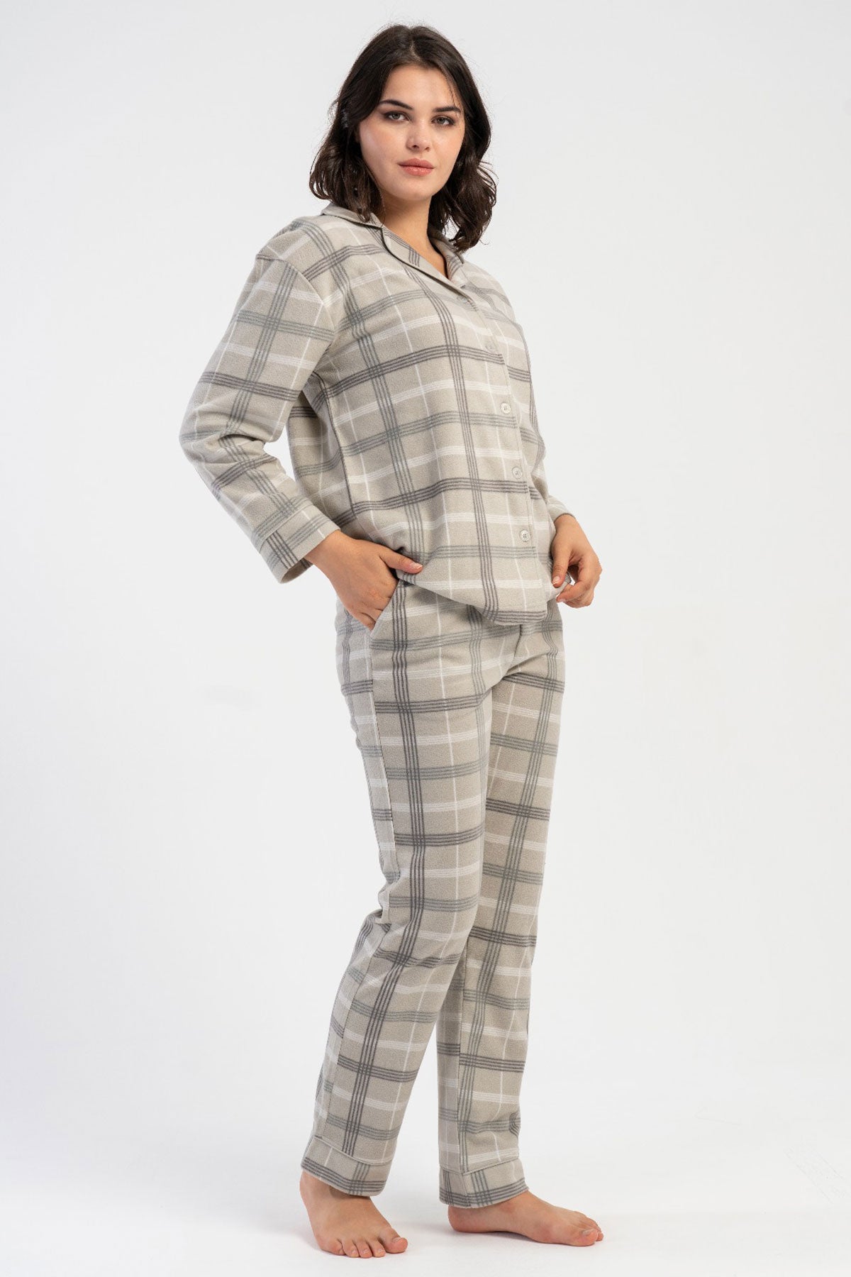 KADIN POLAR TAMAMI DUGMELI UZUN KOL PIJAMA TAKIM