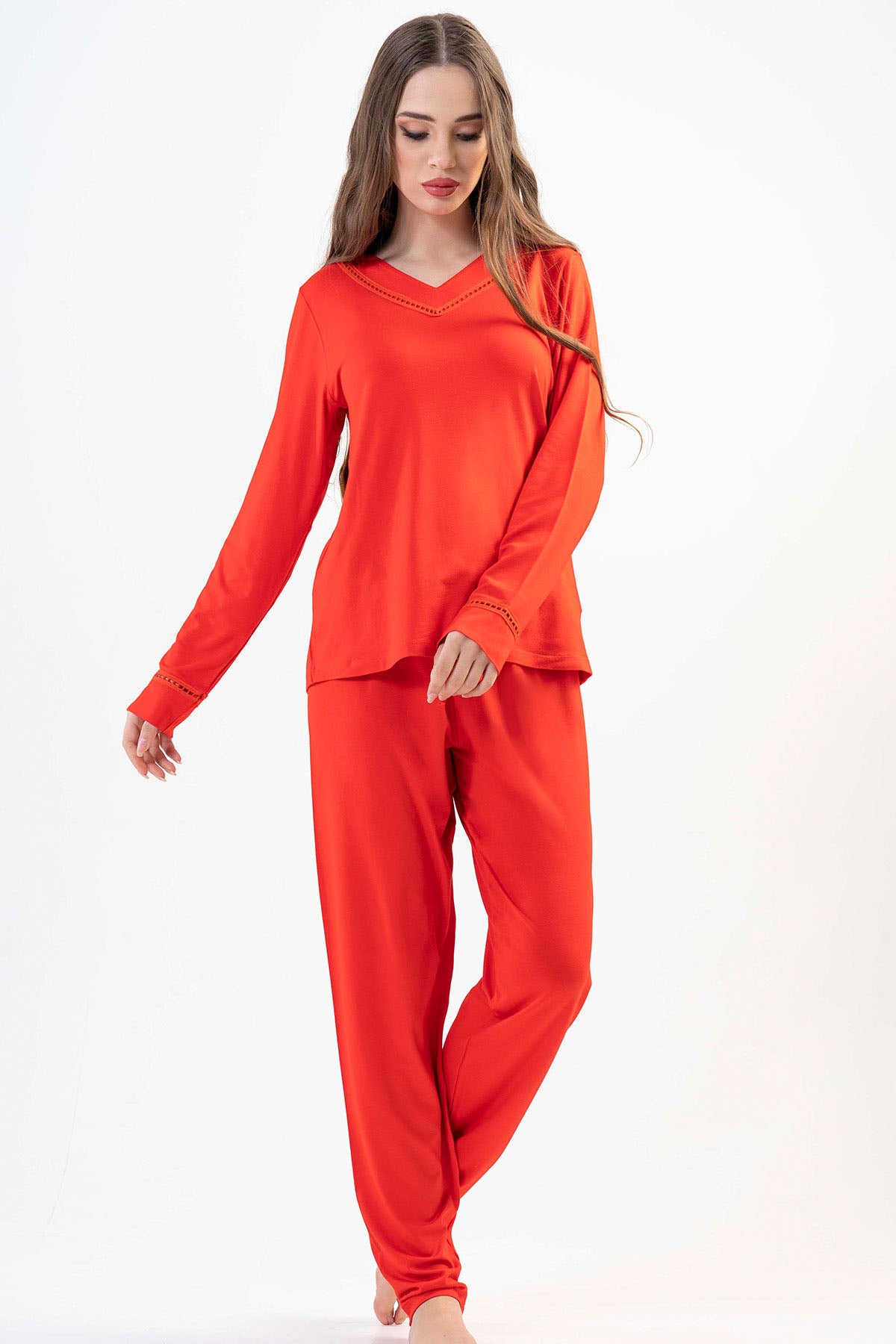 BAYAN LYC WORTEKS V YAKA UZUN KOL ETEGI OVAL PIJAMA TAKIM
