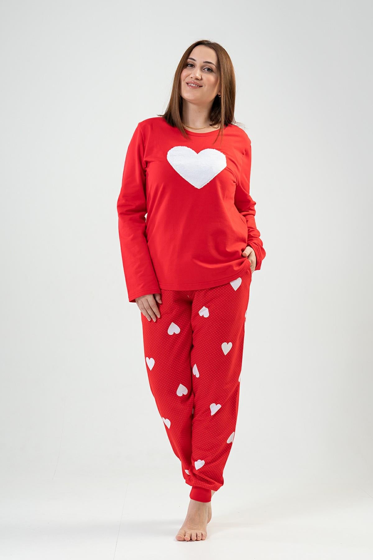 BAYAN 2IPLIK XXL O YAKA UZUN KOL ETEGI OVAL CEPLI MANSETLI PIJAMA TAKIM 203024