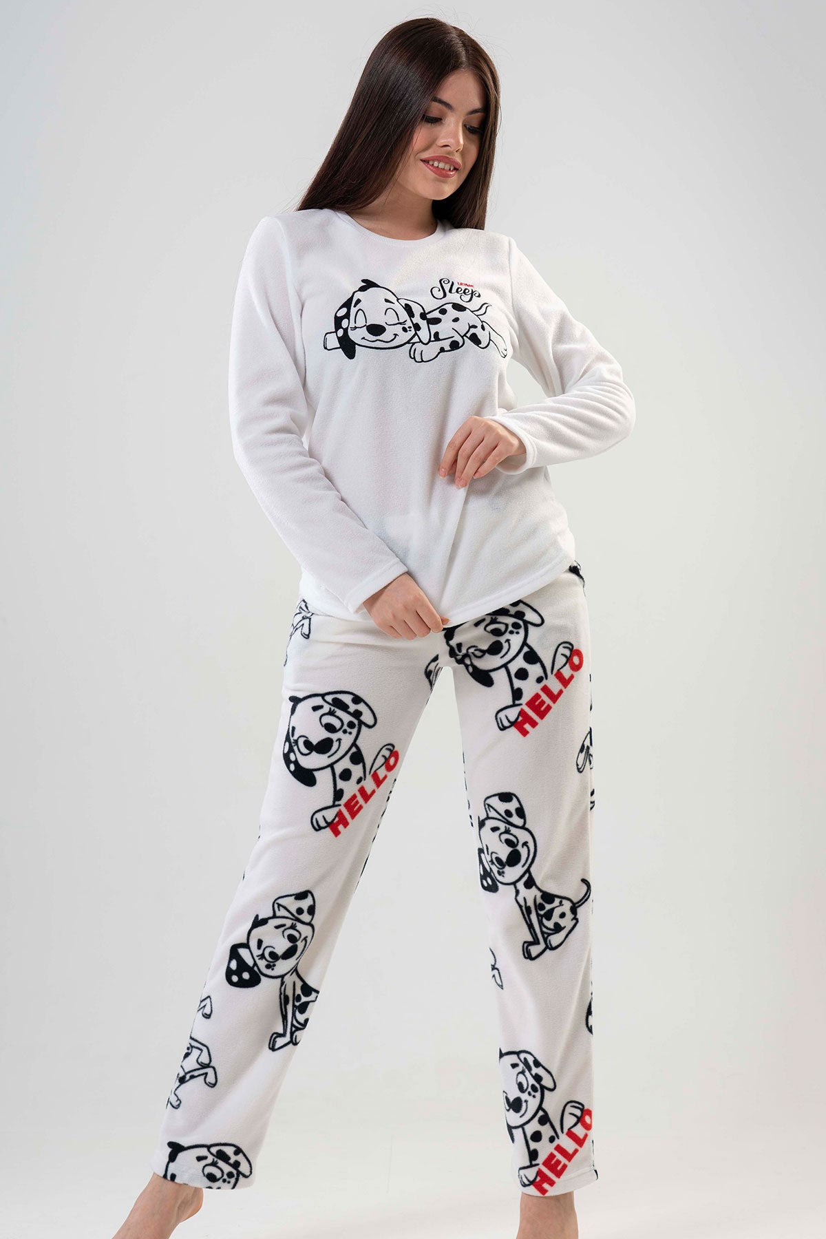 BAYAN POLAR O YAKA UZUN KOL ETEGI OVAL CEPLI PIJAMA TAKIM