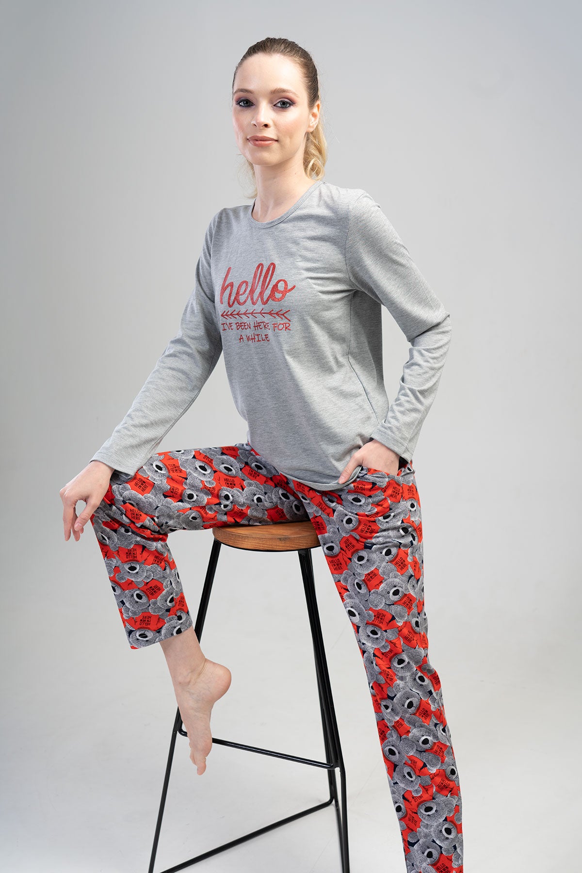 KADIN P.SUPREM O YAKA UZUN KOL ETEGI OVAL CEPLI PIJAMA TAKIM"