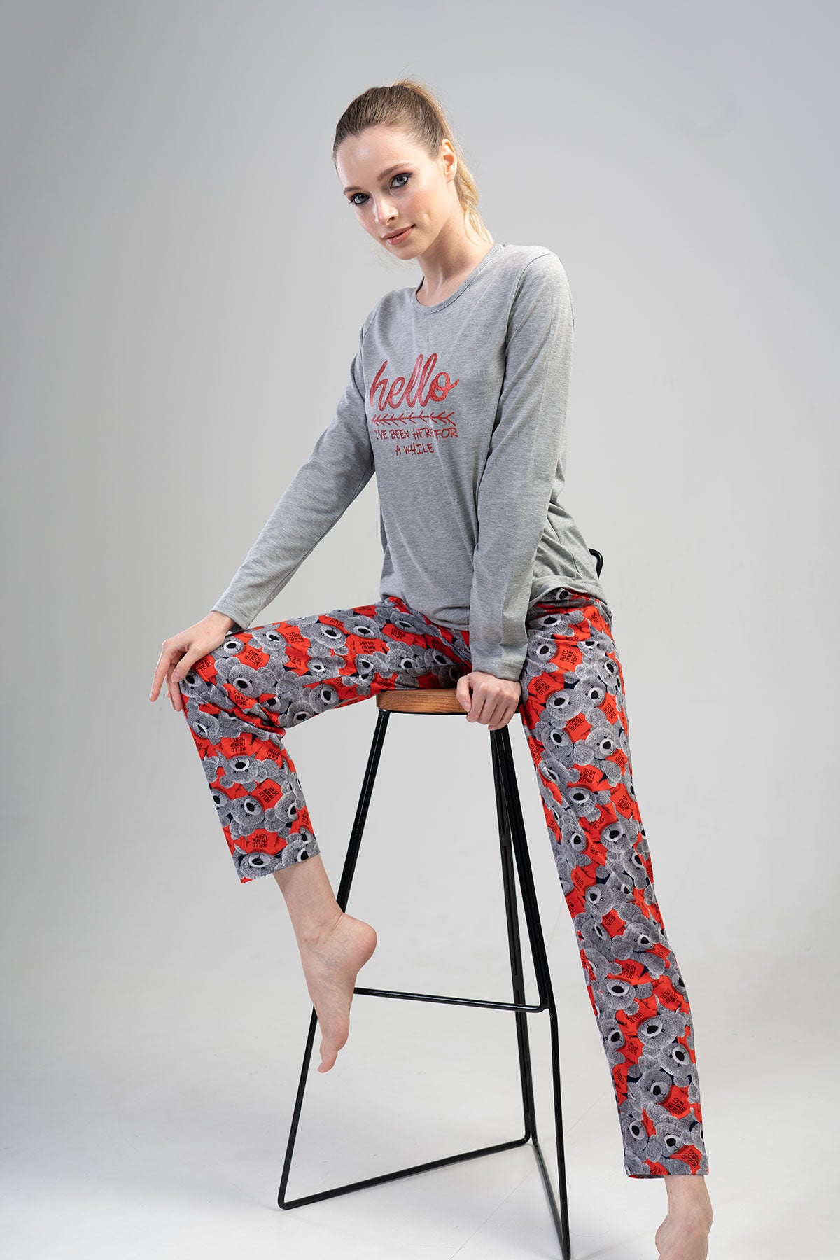 KADIN P.SUPREM O YAKA UZUN KOL ETEGI OVAL CEPLI PIJAMA TAKIM"