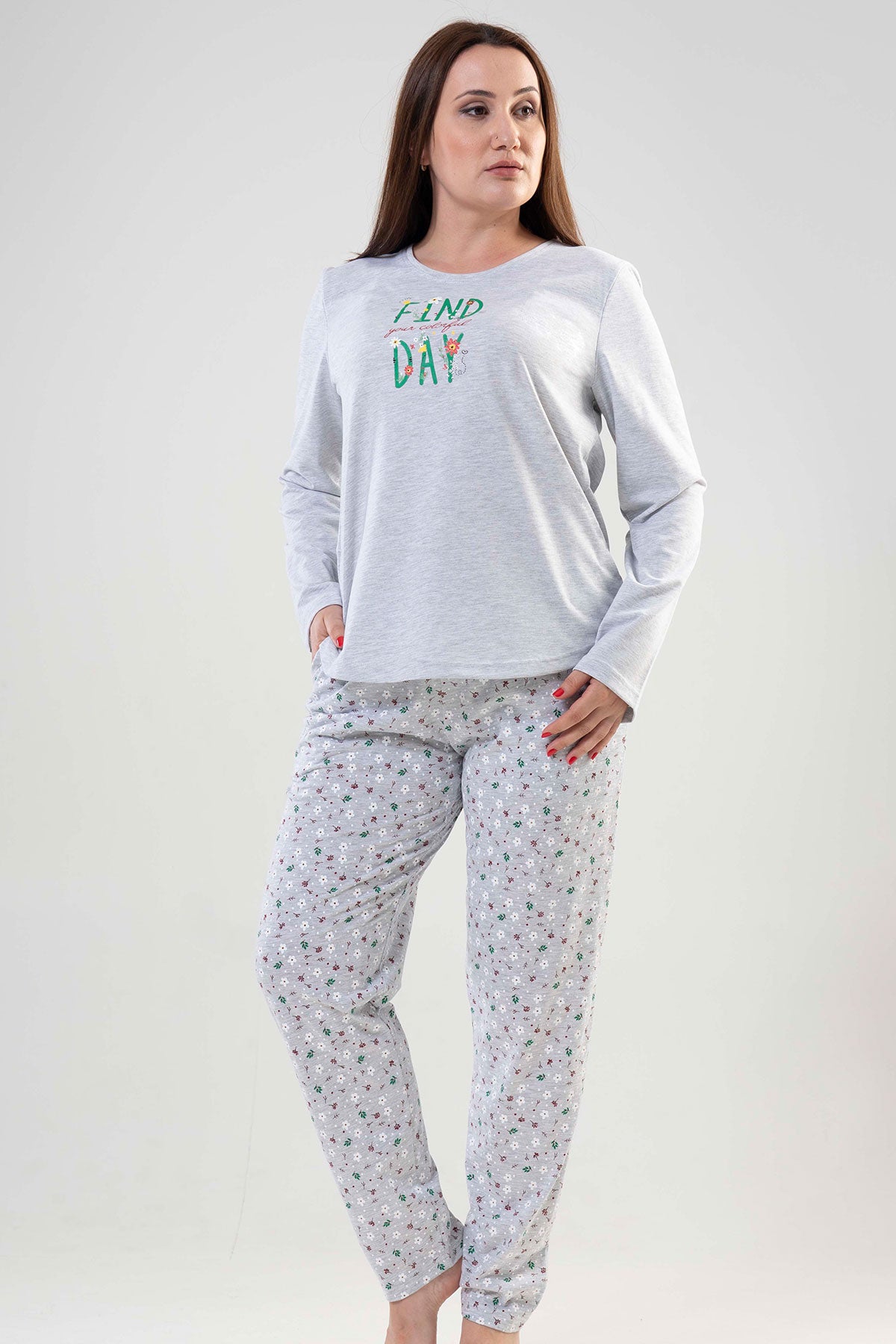 BAYAN P.SUPREM XXL O YAKA UZUN KOL ETEGI OVAL CEPLI PIJAMA TAKIM