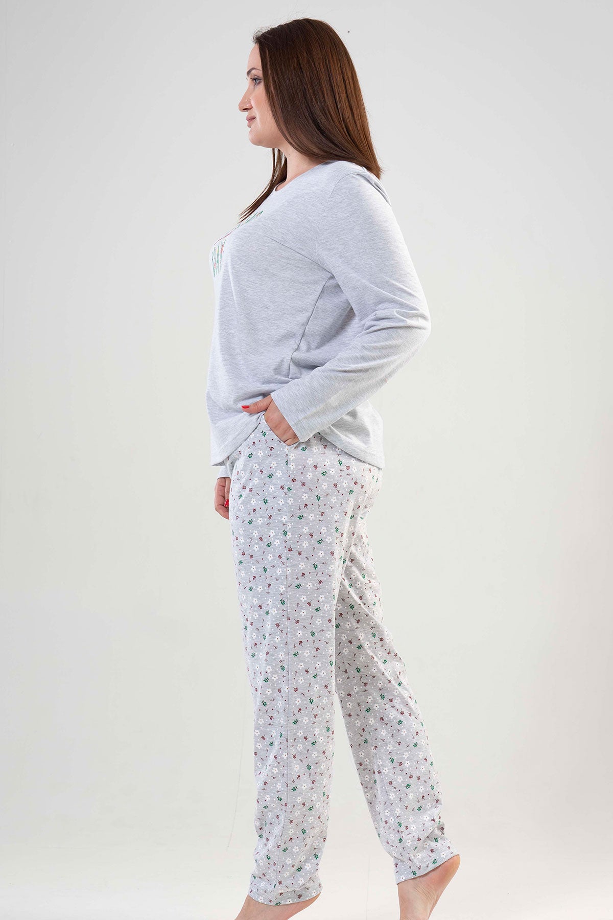 BAYAN P.SUPREM XXL O YAKA UZUN KOL ETEGI OVAL CEPLI PIJAMA TAKIM