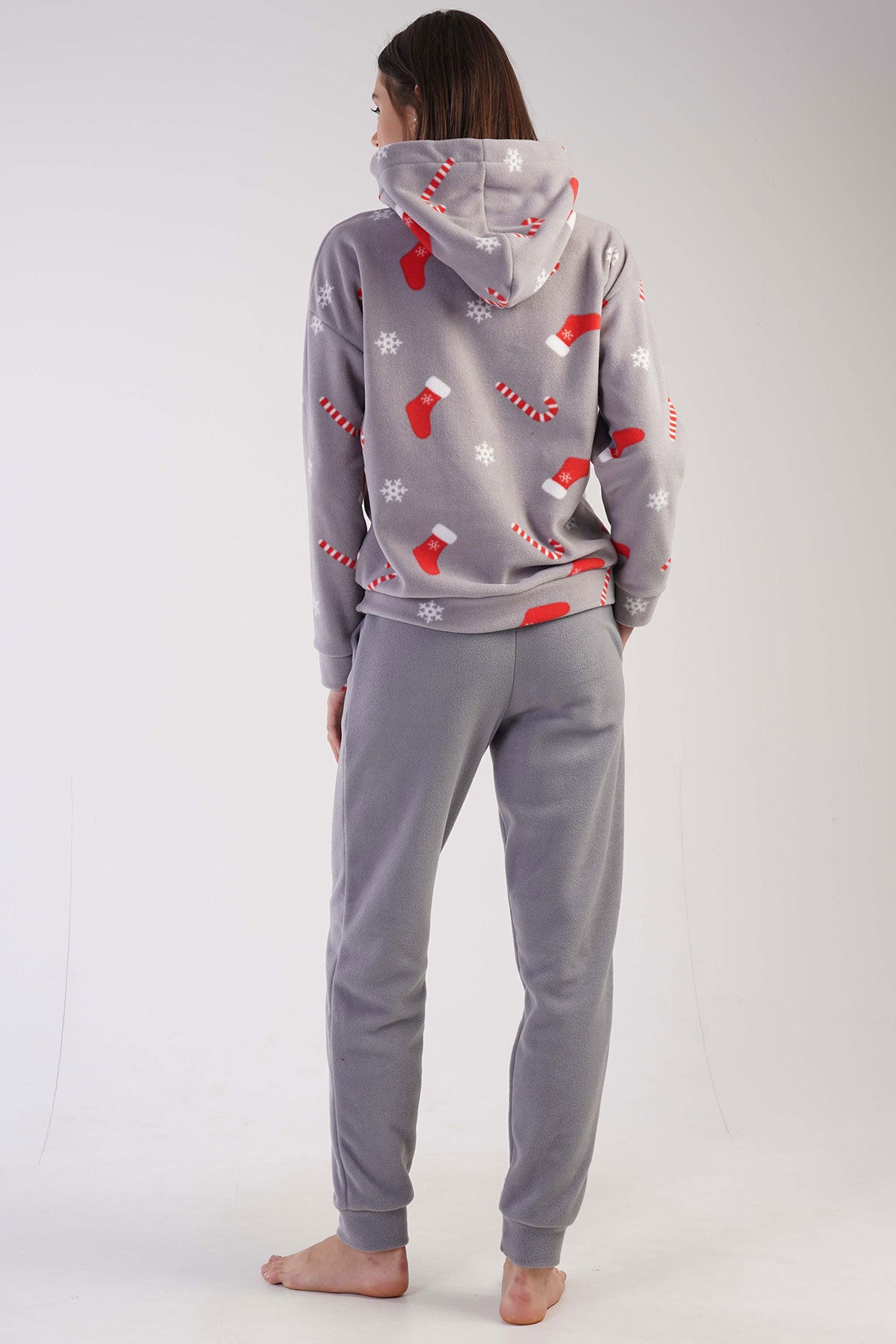 KADIN POLAR KAPSONLU DUSUK OMUZLU KANGURU CEPLI MANSETLI CEPLI PIJAMA TAKIM