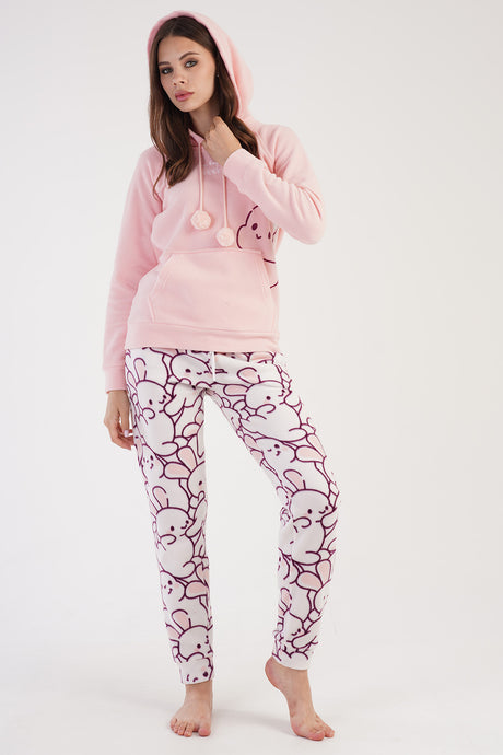 KADIN POLAR KAPSONLU REGLAN UZUN KOL KANGURU CEPLI MANSETLI CEPLI PIJAMA TAKIM 304038