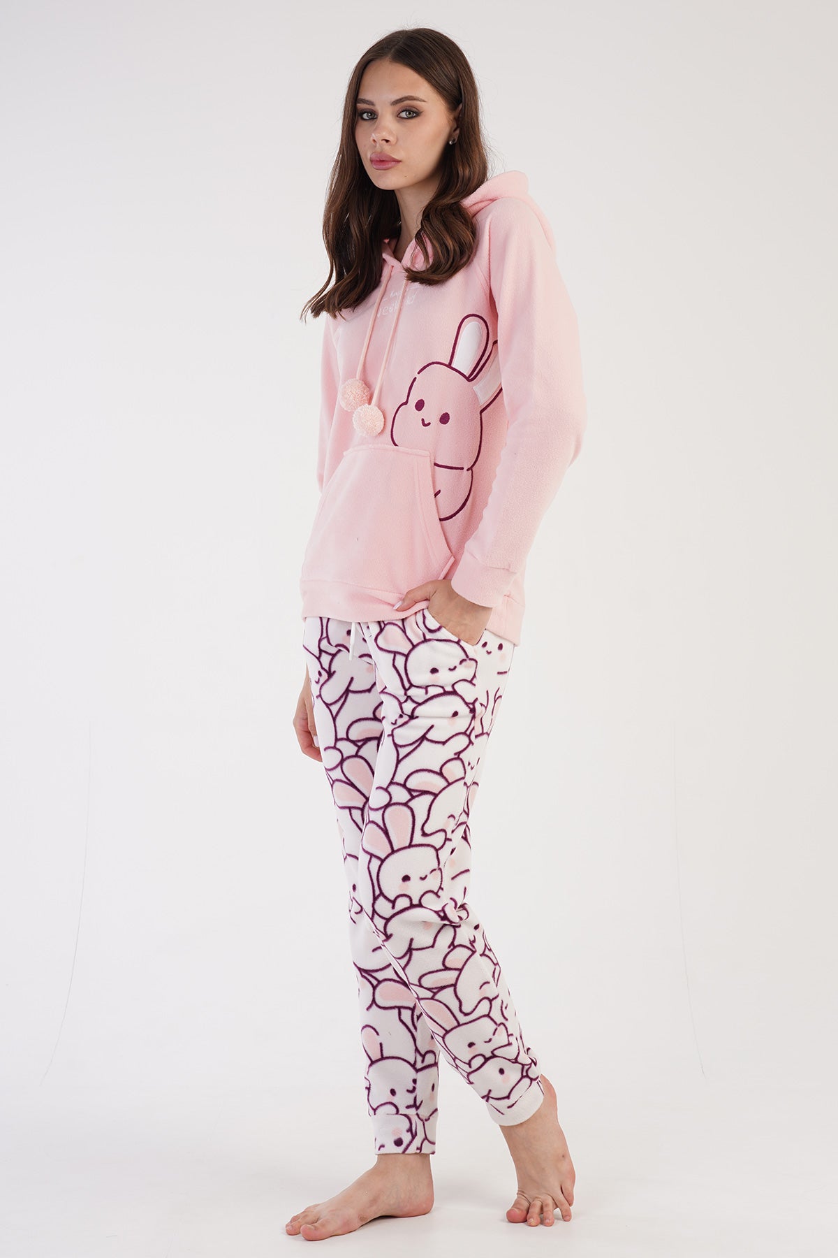KADIN POLAR KAPSONLU REGLAN UZUN KOL KANGURU CEPLI MANSETLI CEPLI PIJAMA TAKIM 304038