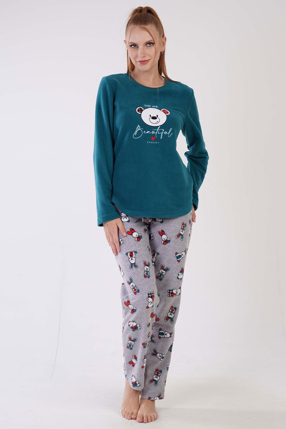 KADIN POLAR O YAKA UZUN KOL ETEGI OVAL CEPLI PIJAMA TAKIM 305003