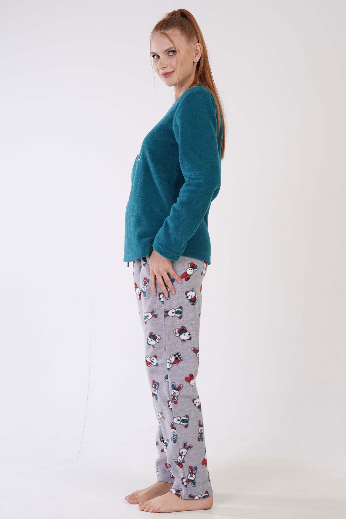 KADIN POLAR O YAKA UZUN KOL ETEGI OVAL CEPLI PIJAMA TAKIM 305003