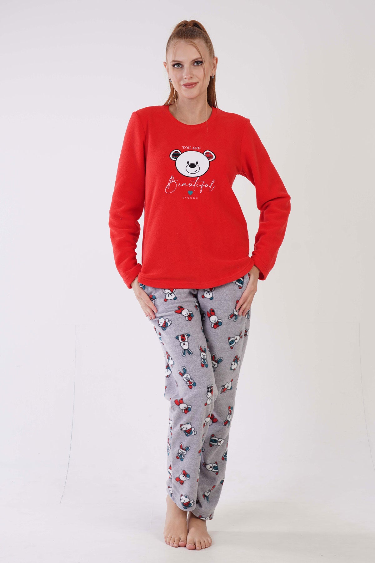 KADIN POLAR O YAKA UZUN KOL ETEGI OVAL CEPLI PIJAMA TAKIM 305003