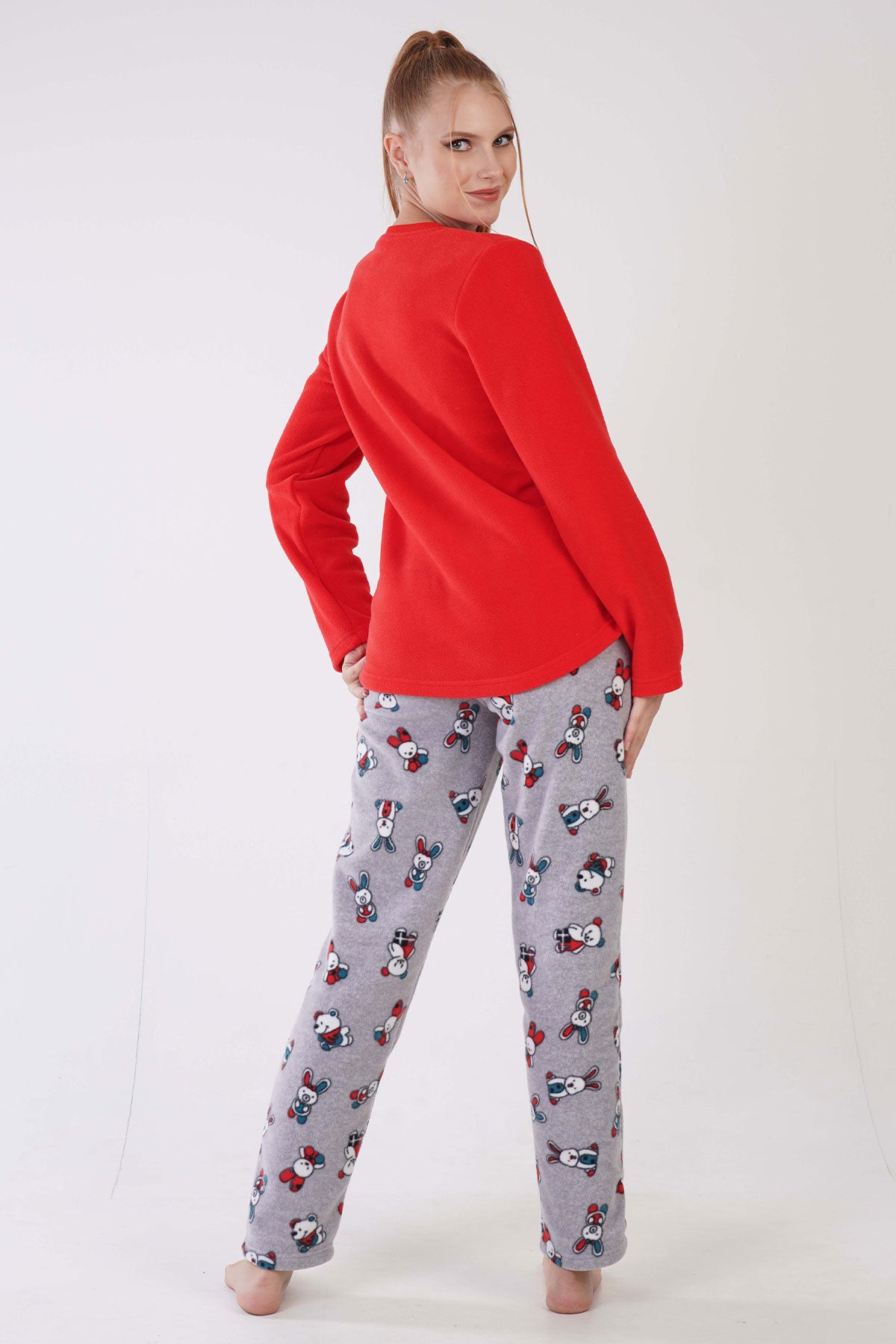 KADIN POLAR O YAKA UZUN KOL ETEGI OVAL CEPLI PIJAMA TAKIM 305003