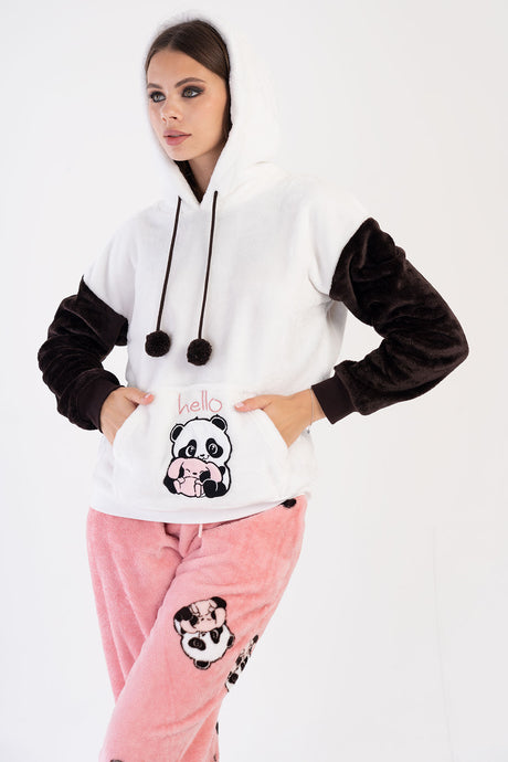 KADIN SOFT KAPSONLU DUSUK OMUZLU UZUN KOL KANGURU CEPLI MANSETLI PACASI BUZGULU CEPLI PIJAMA TAKIM 305204