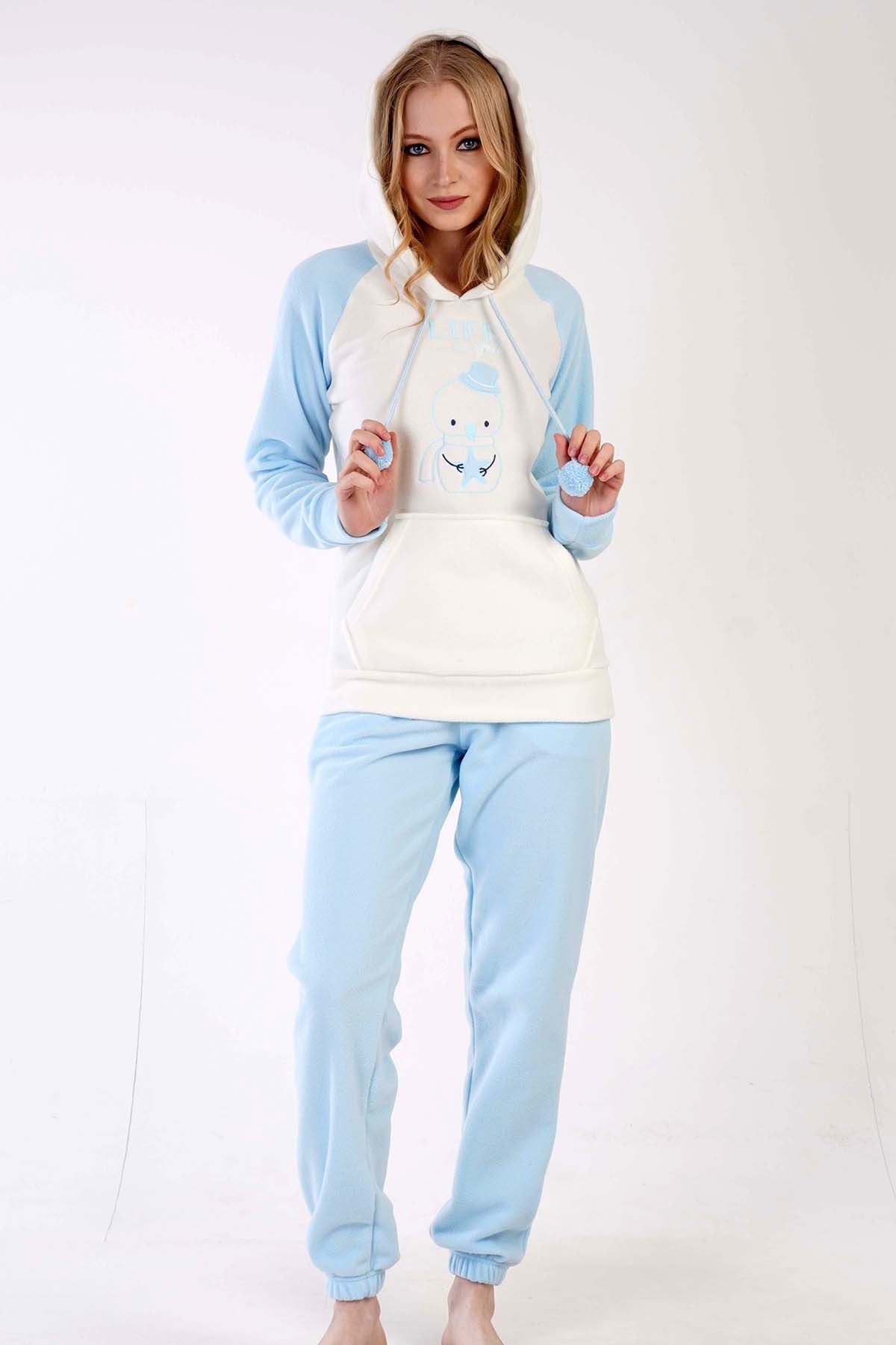 KADIN POLAR KAPSONLU REGLAN UZUN KOL KANGURU CEPLI PACASI BUZGULU MANSETLI CEPLI PIJAMA TAKIM