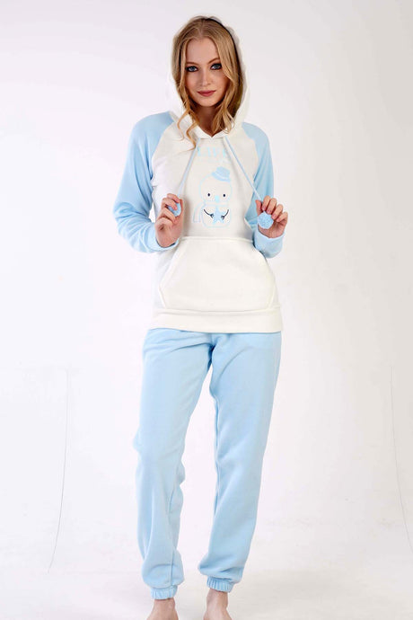KADIN POLAR KAPSONLU REGLAN UZUN KOL KANGURU CEPLI PACASI BUZGULU MANSETLI CEPLI PIJAMA TAKIM