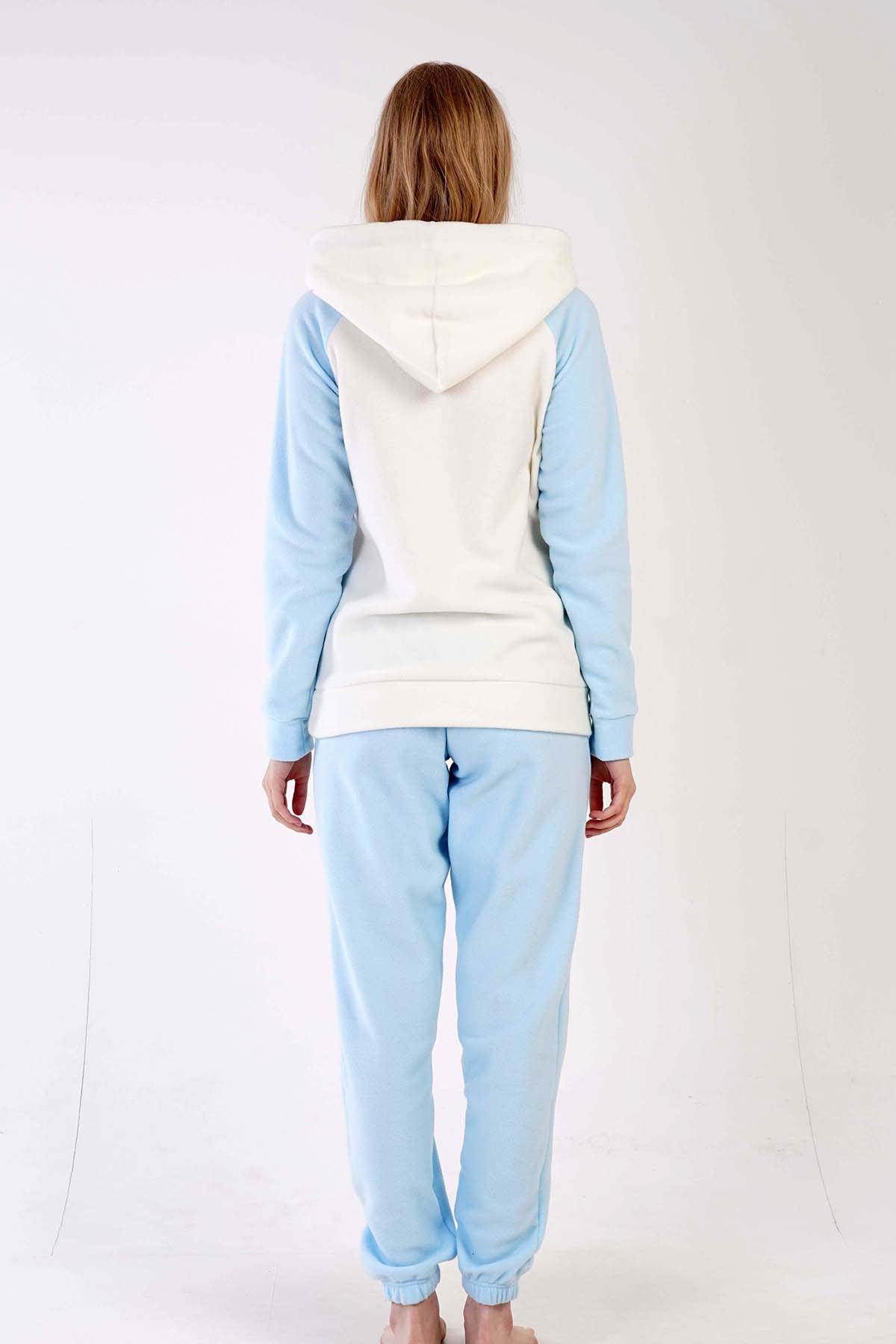 KADIN POLAR KAPSONLU REGLAN UZUN KOL KANGURU CEPLI PACASI BUZGULU MANSETLI CEPLI PIJAMA TAKIM