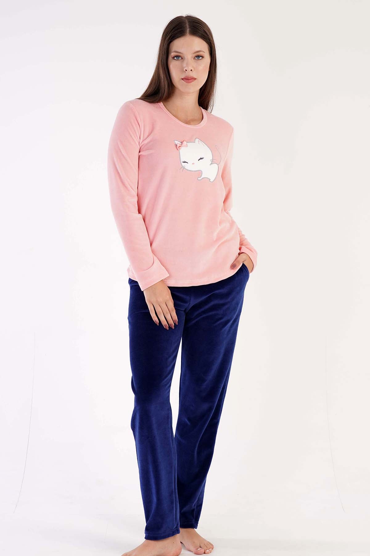 KADIN KADIFE O YAKA UZUN KOL ETEGI OVAL CEPLI PIJAMA TAKIM 306002