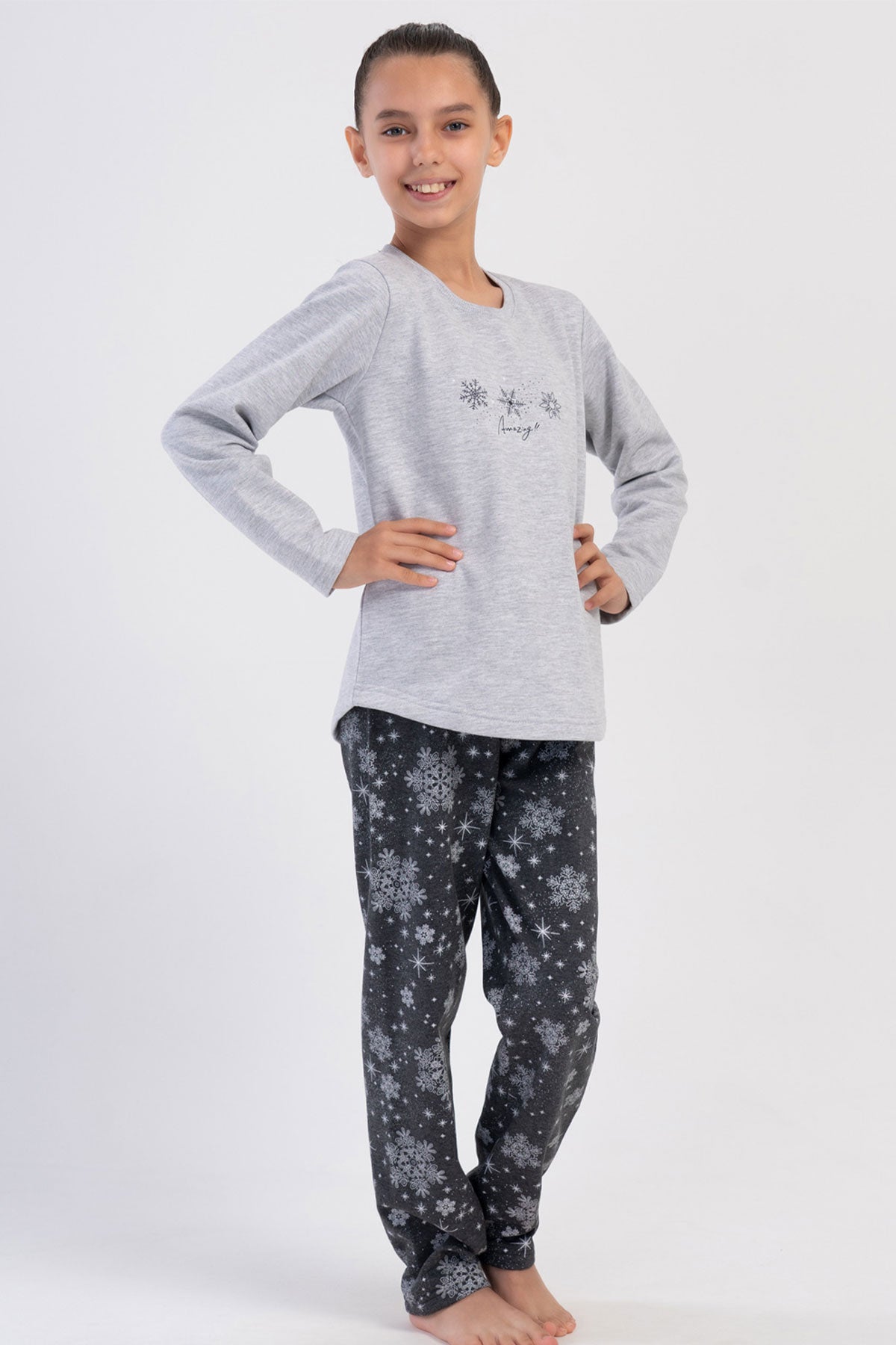 KIZ COCUK 2IPLIK MANSETLI O YAKA UZUN KOL ETEGI OVAL PIJAMA TAKIM(7-8/13-14)