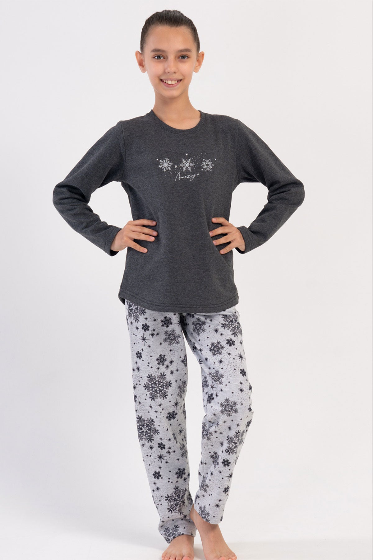 KIZ COCUK 2IPLIK MANSETLI O YAKA UZUN KOL ETEGI OVAL PIJAMA TAKIM(7-8/13-14) 403010