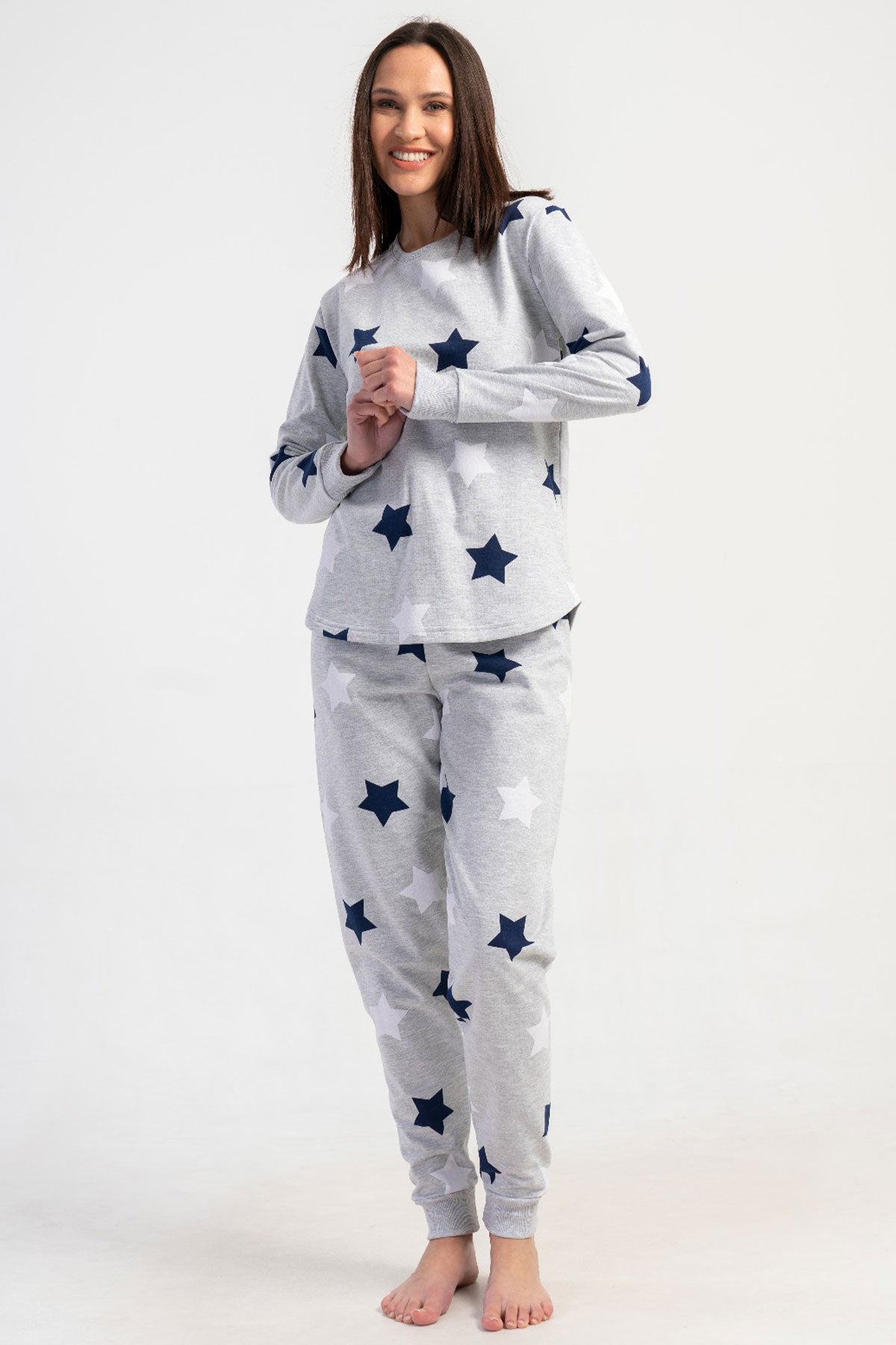 KADIN 2IPLIK O YAKA UZUN KOL ETEGI OVAL MANSETLI PIJAMA TAKIM
