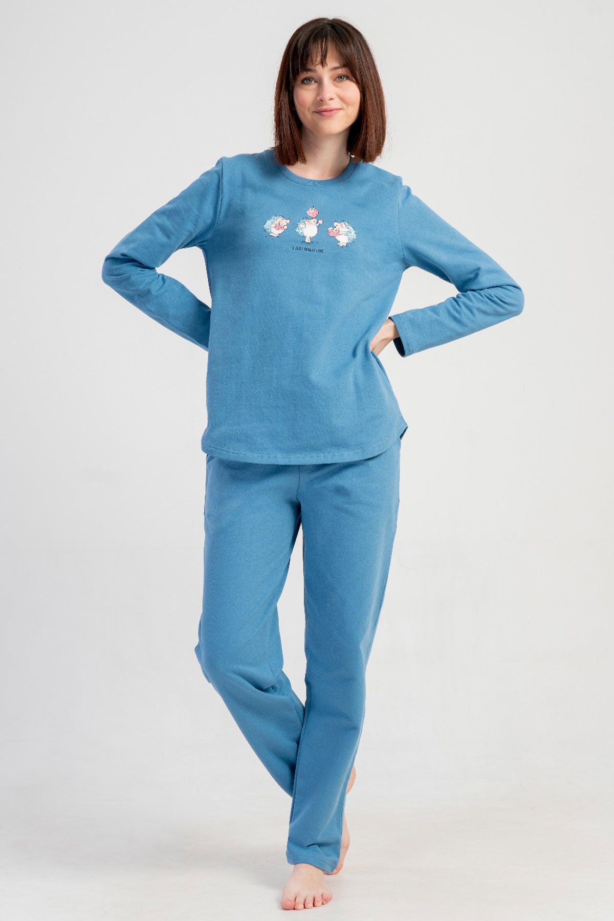 KADIN 2IPLIK O YAKA UZUN KOL ETEGI OVAL CEPLI PIJAMA TAKIM