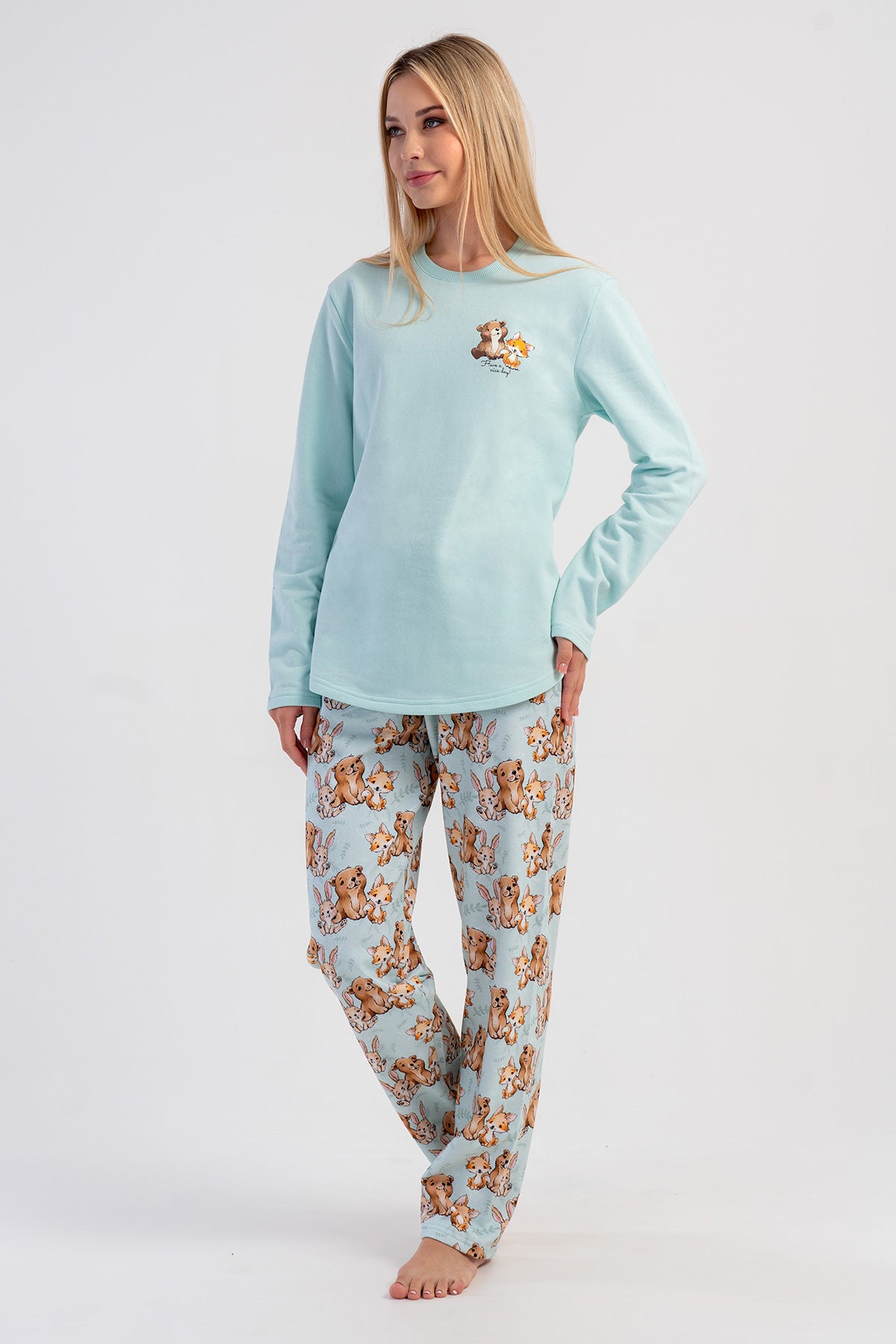 KADIN 2IPLIK O YAKA UZUN KOL ETEGI OVAL PIJAMA TAKIM 503190
