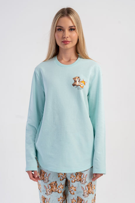 KADIN 2IPLIK O YAKA UZUN KOL ETEGI OVAL PIJAMA TAKIM 503190