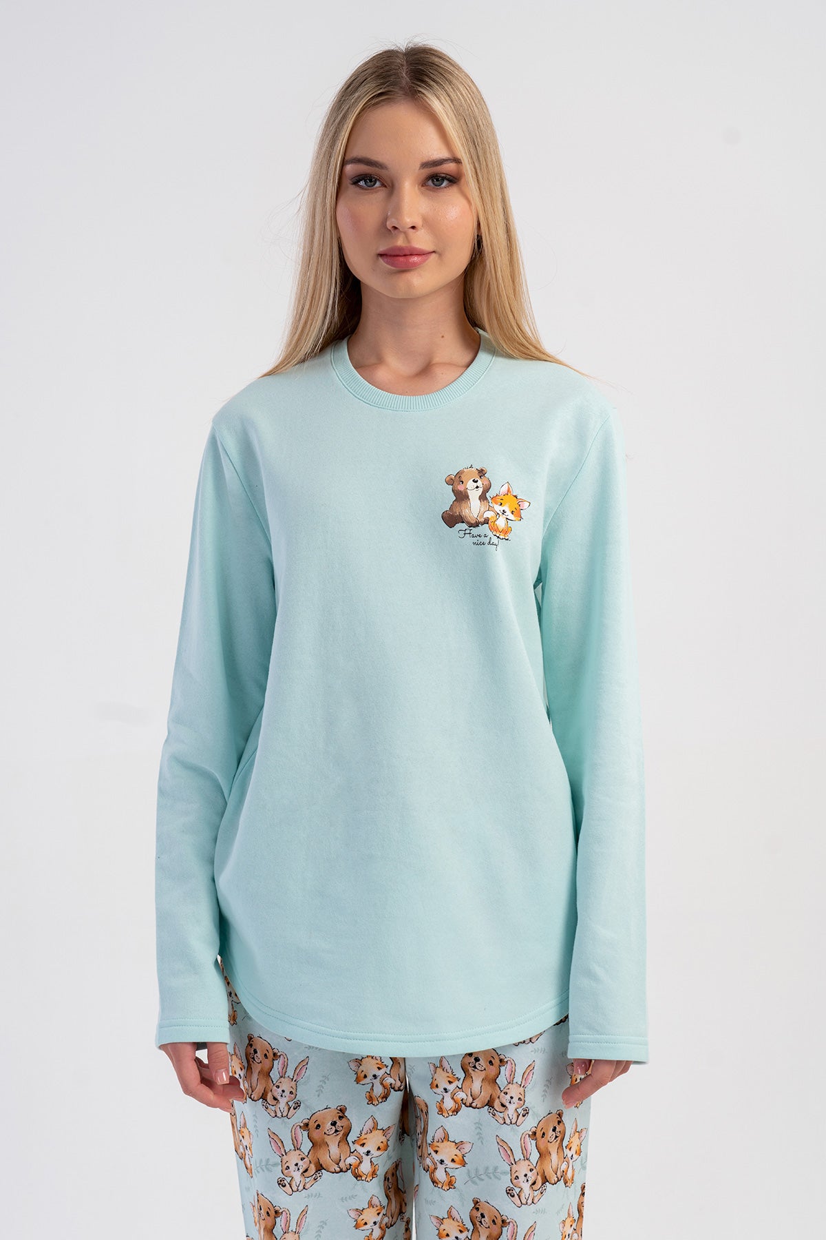 KADIN 2IPLIK O YAKA UZUN KOL ETEGI OVAL PIJAMA TAKIM 503190