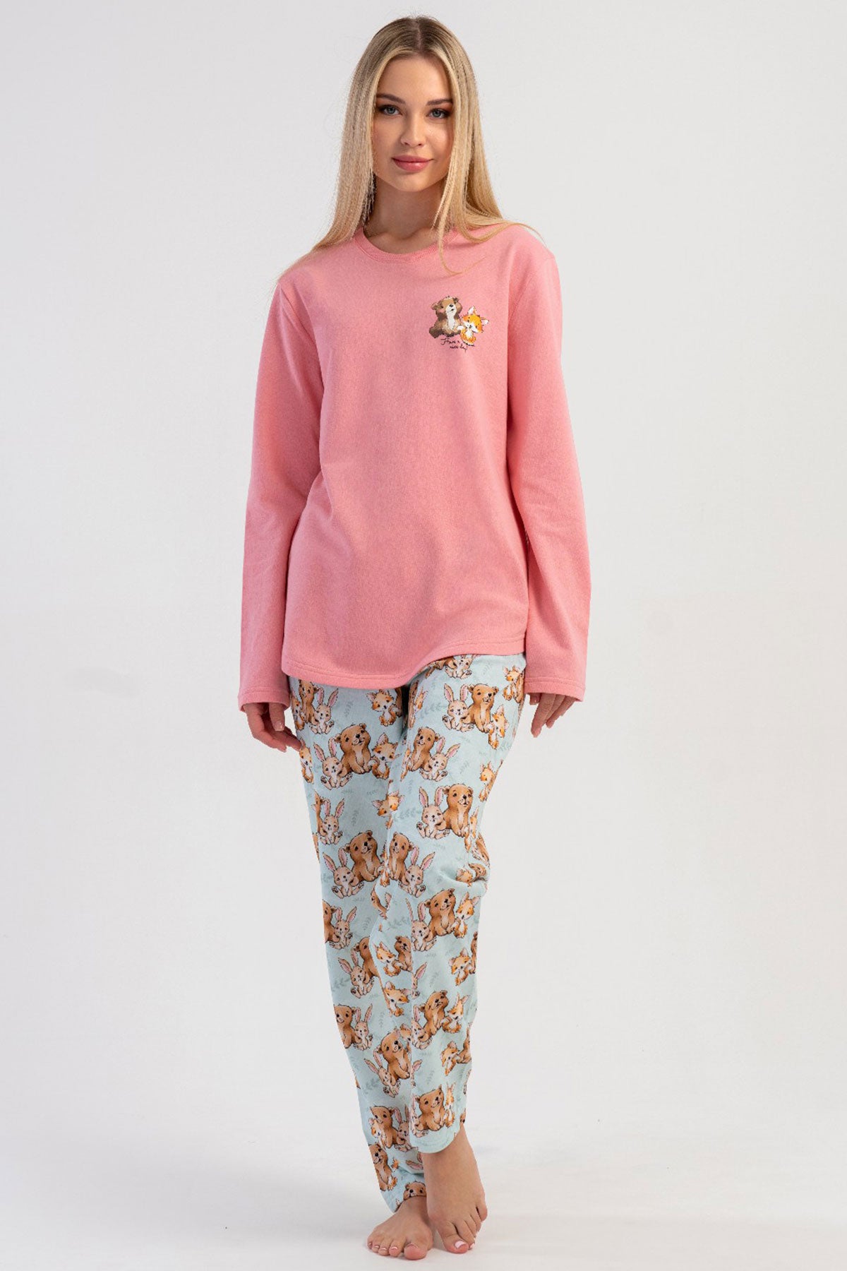 KADIN 2IPLIK O YAKA UZUN KOL ETEGI OVAL PIJAMA TAKIM 503190