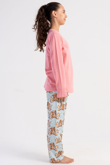KIZ COCUK 2IPLIK O YAKA UZUN KOL ETEGI OVAL PIJAMA TAKIM(7-8/13-14)