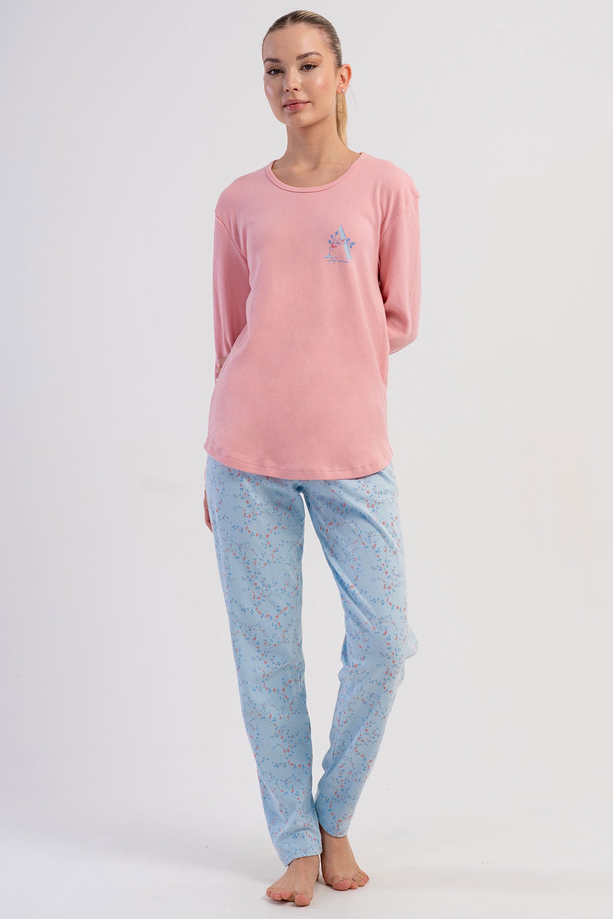 KADIN INTERLOK O YAKA UZUN KOL ETEGI OVAL PIJAMA TAKIM 503237