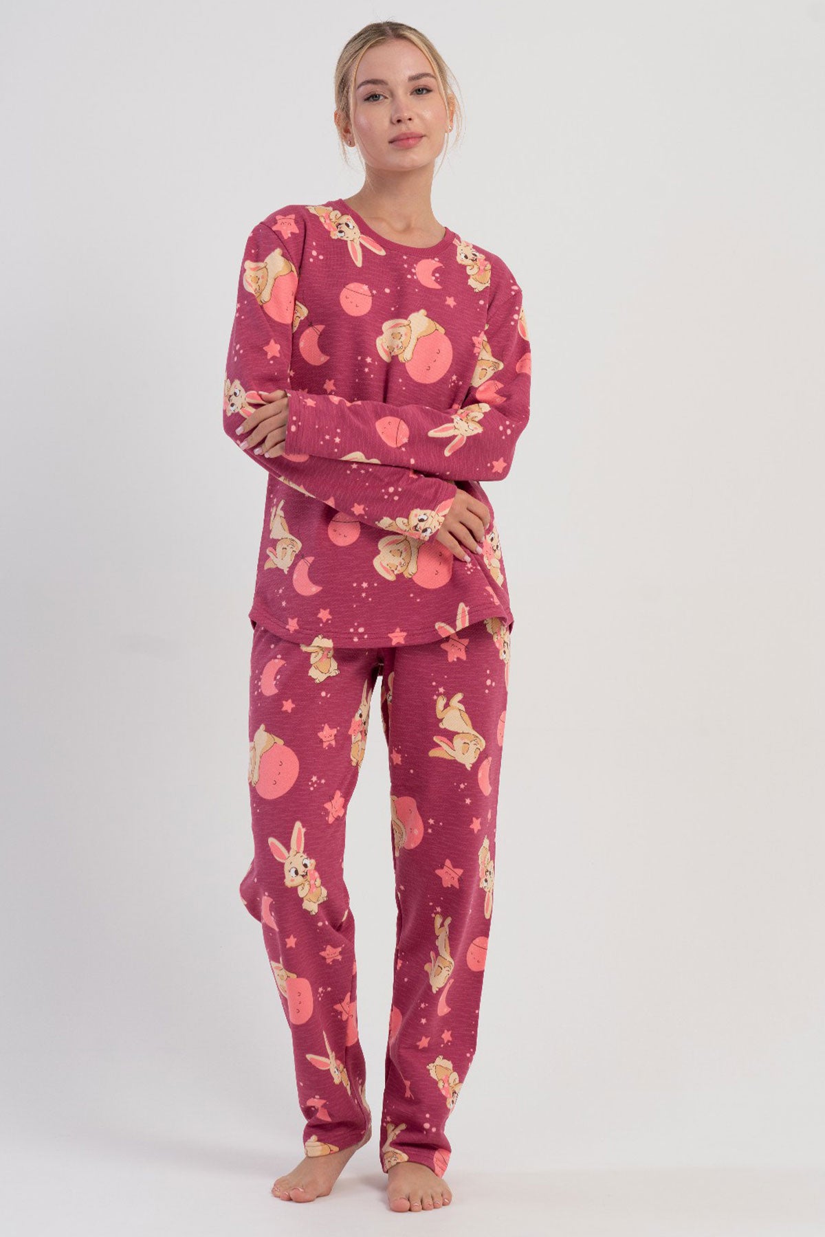 KADIN 2IPLIK O YAKA UZUN KOL ETEGI OVAL PIJAMA TAKIM