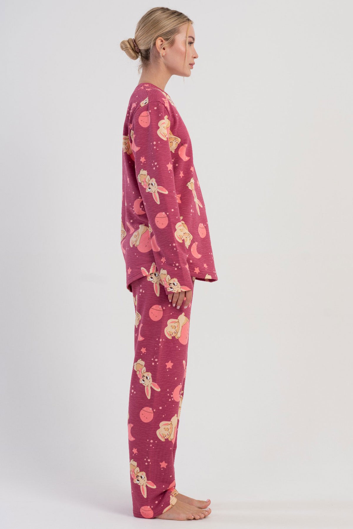 KADIN 2IPLIK O YAKA UZUN KOL ETEGI OVAL PIJAMA TAKIM