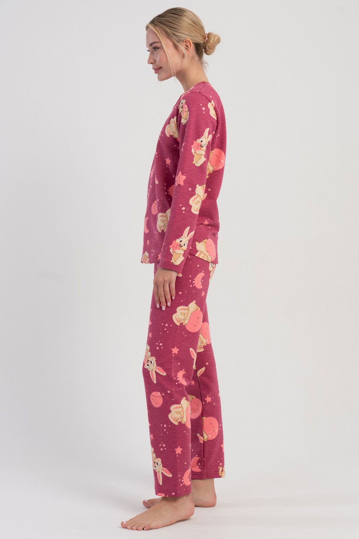KADIN 2IPLIK O YAKA UZUN KOL ETEGI OVAL PIJAMA TAKIM