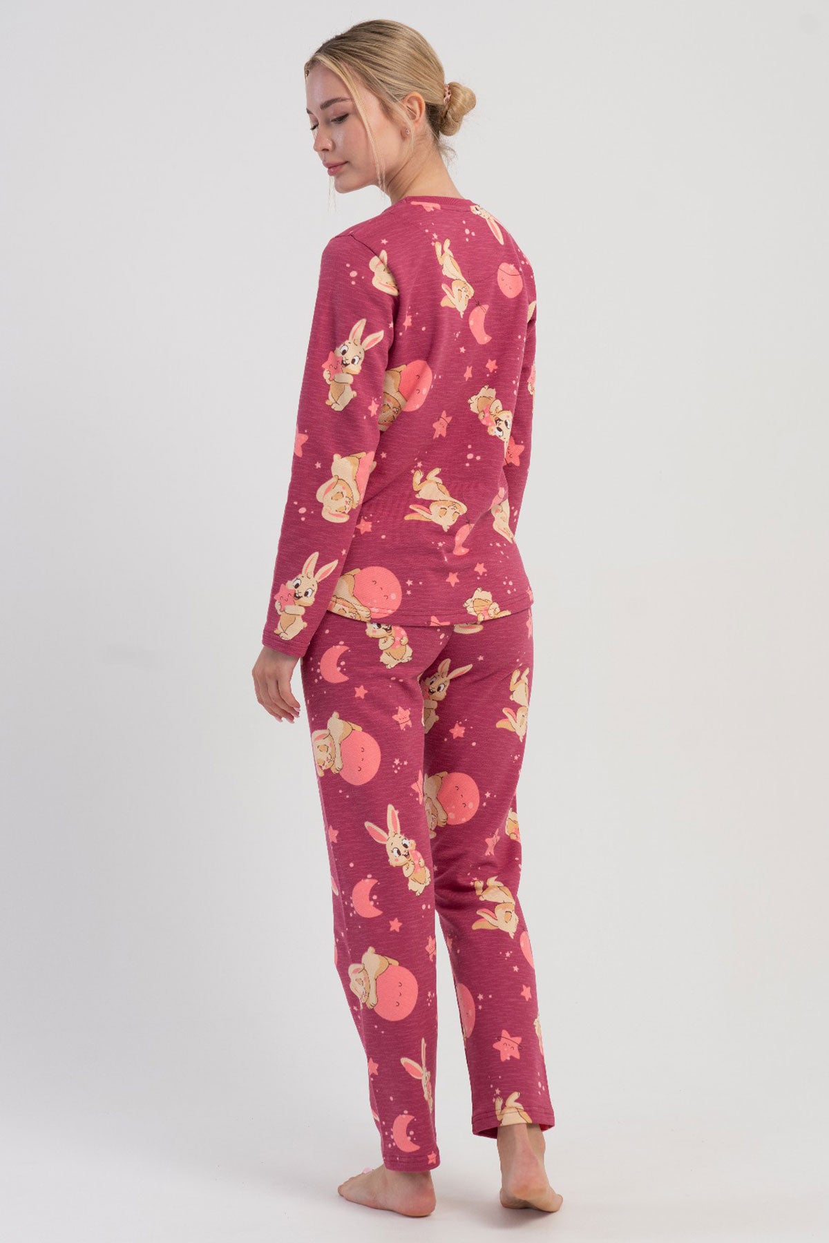 KADIN 2IPLIK O YAKA UZUN KOL ETEGI OVAL PIJAMA TAKIM