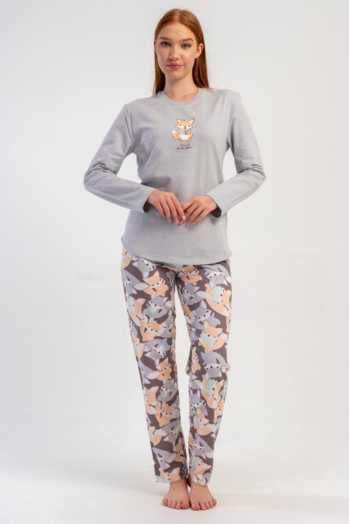 KADIN 2IPLIK O YAKA UZUN KOL ETEGI OVAL PIJAMA TAKIM