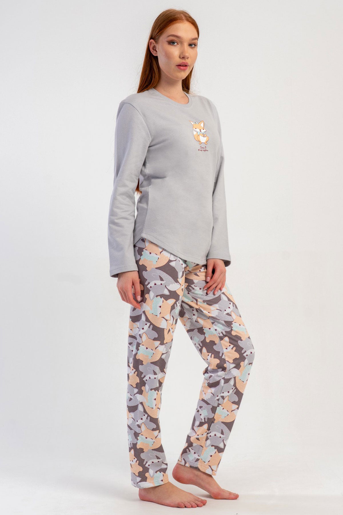 KADIN 2IPLIK O YAKA UZUN KOL ETEGI OVAL PIJAMA TAKIM