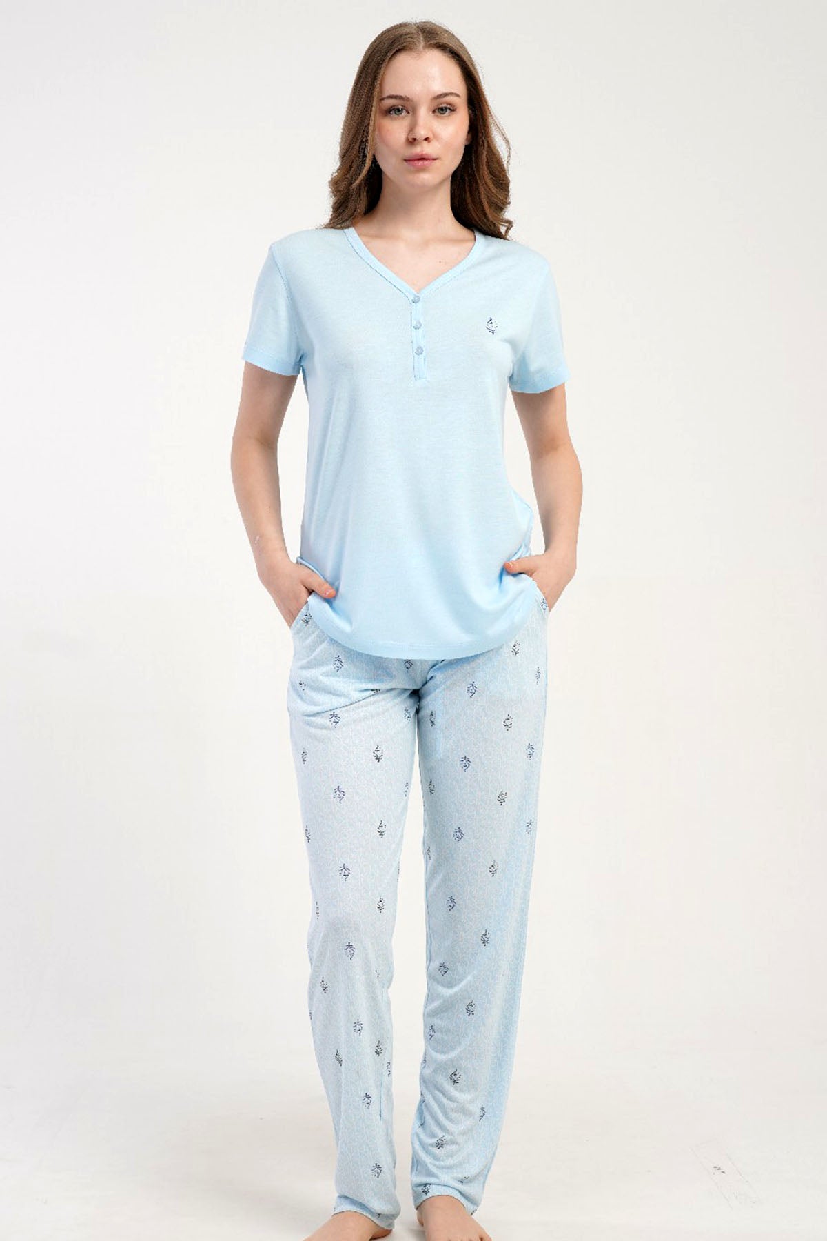 KADIN P.VISCON PATLI DAMLA YAKA KISA KOL ETEGI OVAL PIJAMA TAKIM