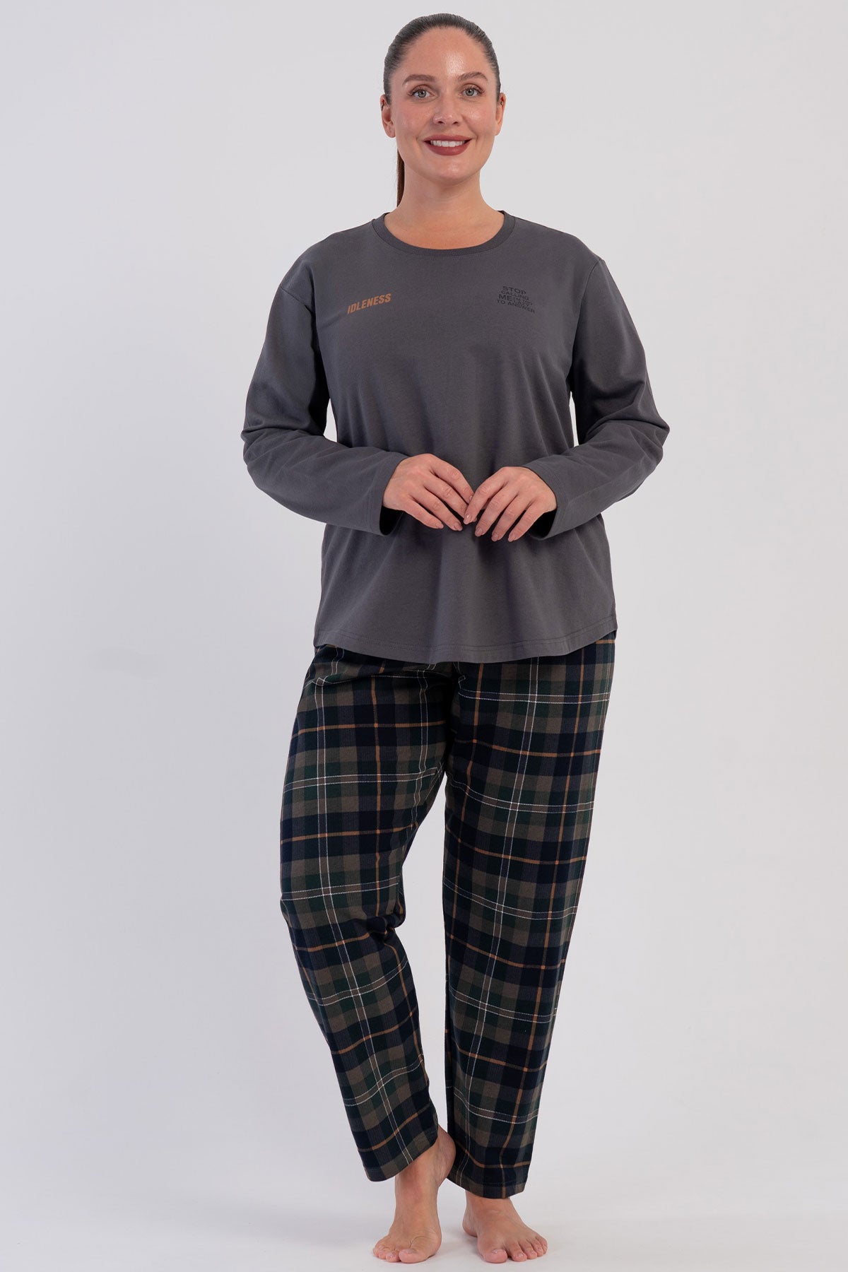 KADIN 2IPLIK XXL O YAKA UZUN KOL ETEGI OVAL PIJAMA TAKIM