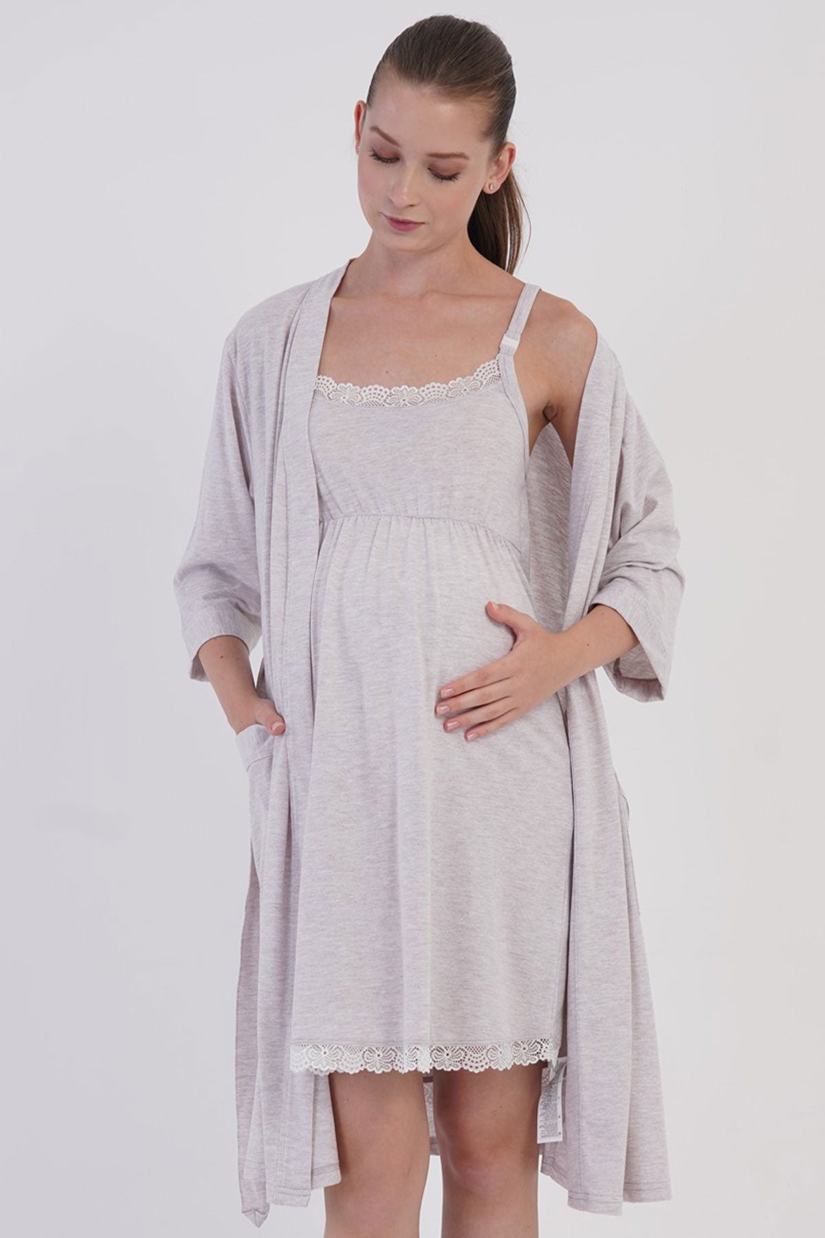 KADIN P.SUPREM IP ASKILI DANTELLI TUNIK+ 3/4 KOL HAMILE SABAHLIK TAKIM 606096