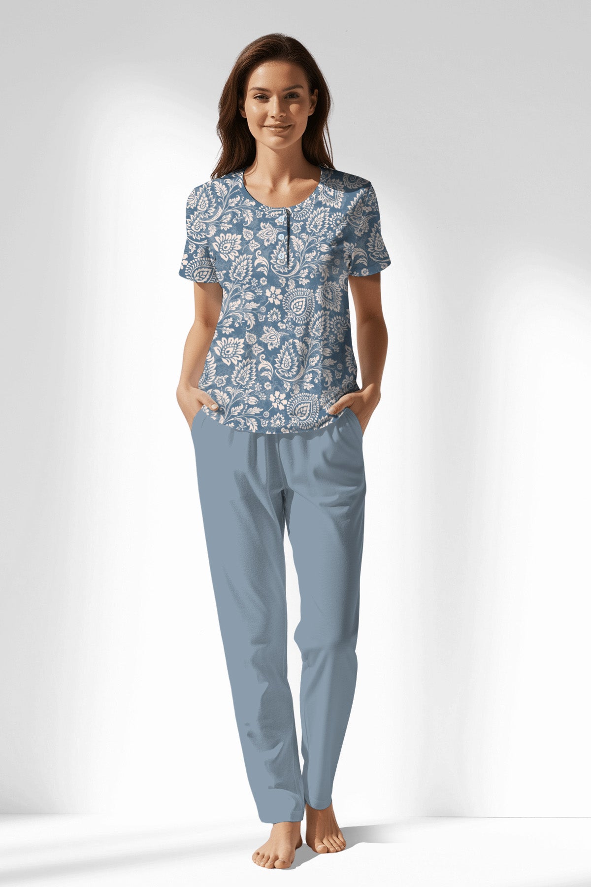 Woman Polyviscon Edelia Buttoned Collar Pyjama Set - ROTASYON - Image 1