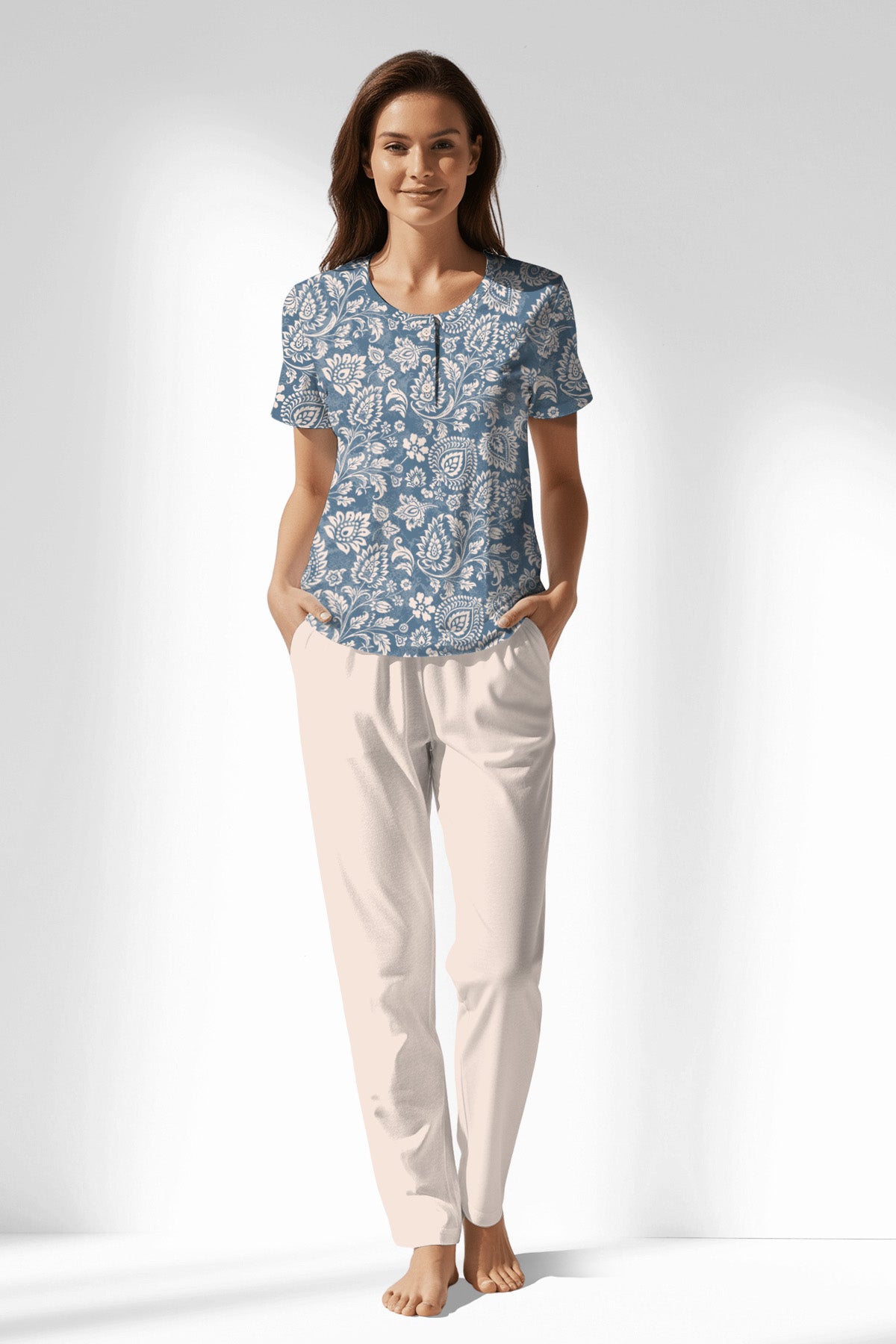 Woman Polyviscon Edelia Buttoned Collar Pyjama Set - B-ROTASYON - Image 1