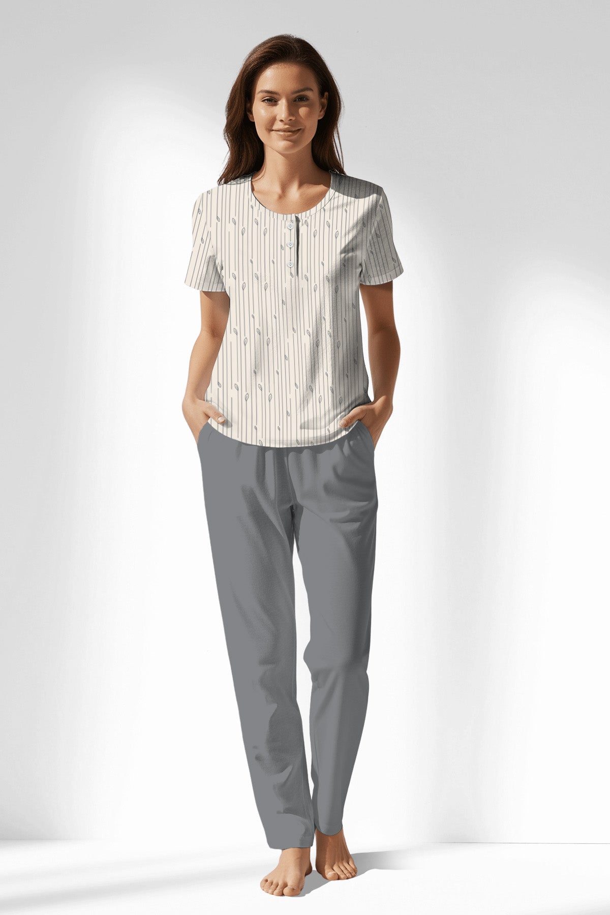 Woman Polyviscon Lina Buttoned Collar Pyjama Set - B-ROTASYON - Image 1