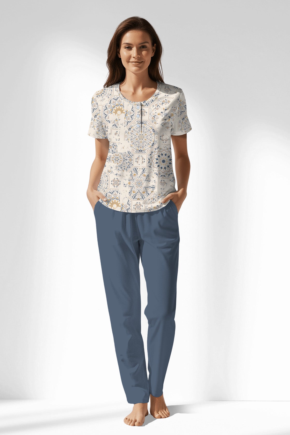 Woman Polyviscon Fresco Buttoned Collar Pyjama Set - B-ROTASYON - Image 1