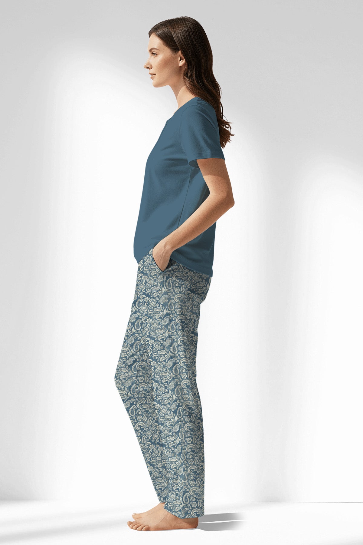 Woman Polyviscon Noble Drop Collar Pyjama Set - SMOKE BLUE - Image 2