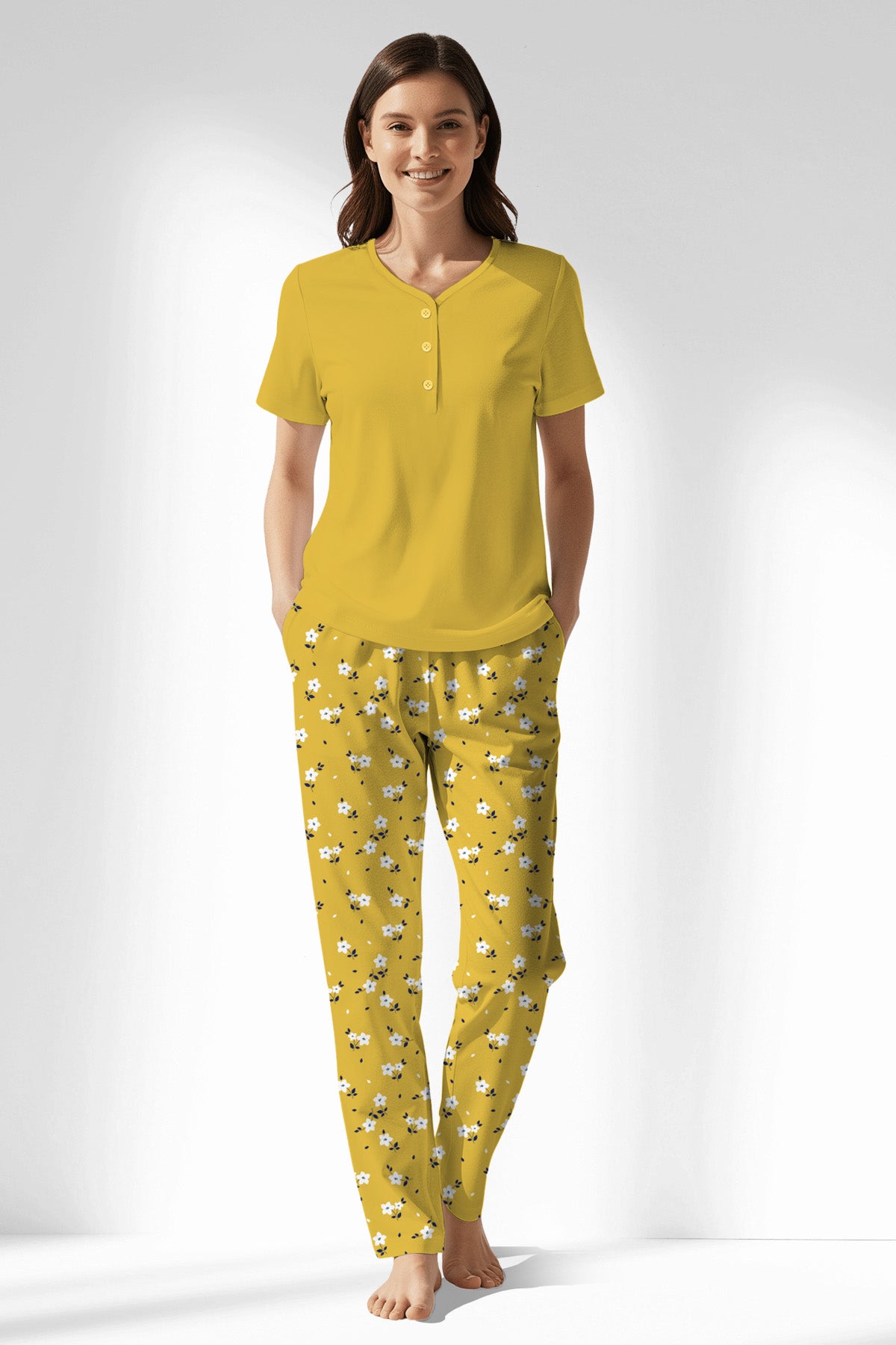 Woman Polyviscon Solaria Drop Collar Pyjama Set - SUPER LEMON - Image 1