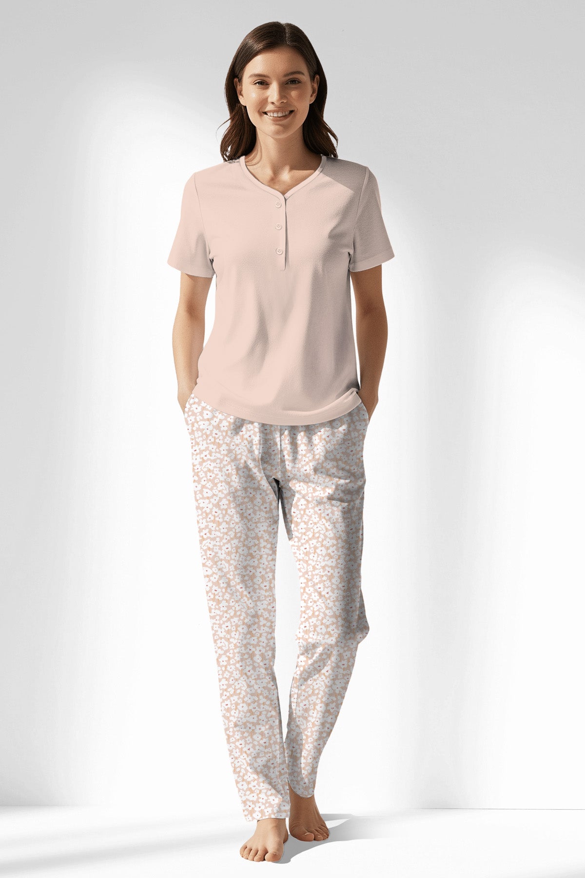 Woman Polyviscon Vanilla Drop Collar Pyjama Set - SOFT PINK - Image 1