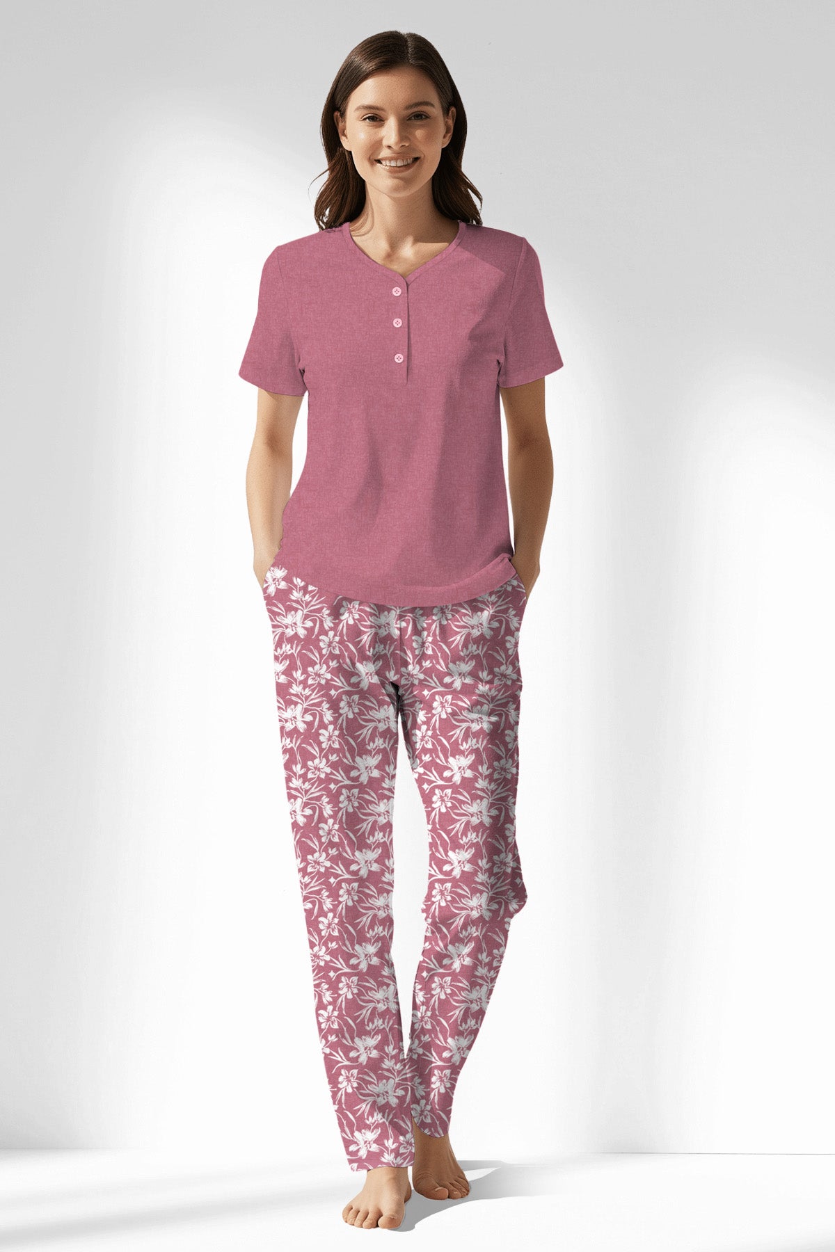Woman Polyviscon Affection Drop Collar Pyjama Set - WILD ROSE - Image 1