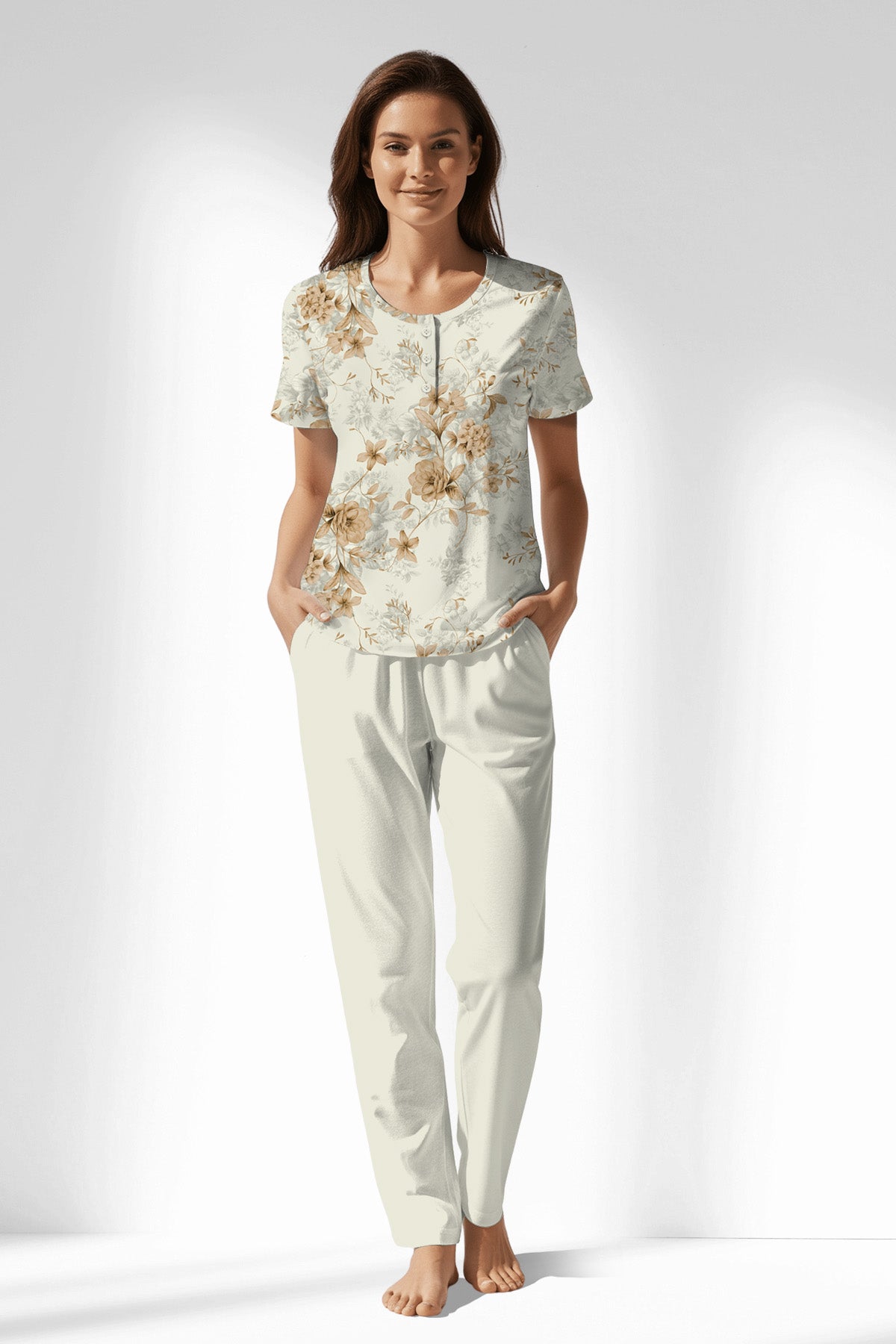 Woman Polyviscon Magnolia Buttoned Collar Pyjama Set - ROTASYON - Image 1