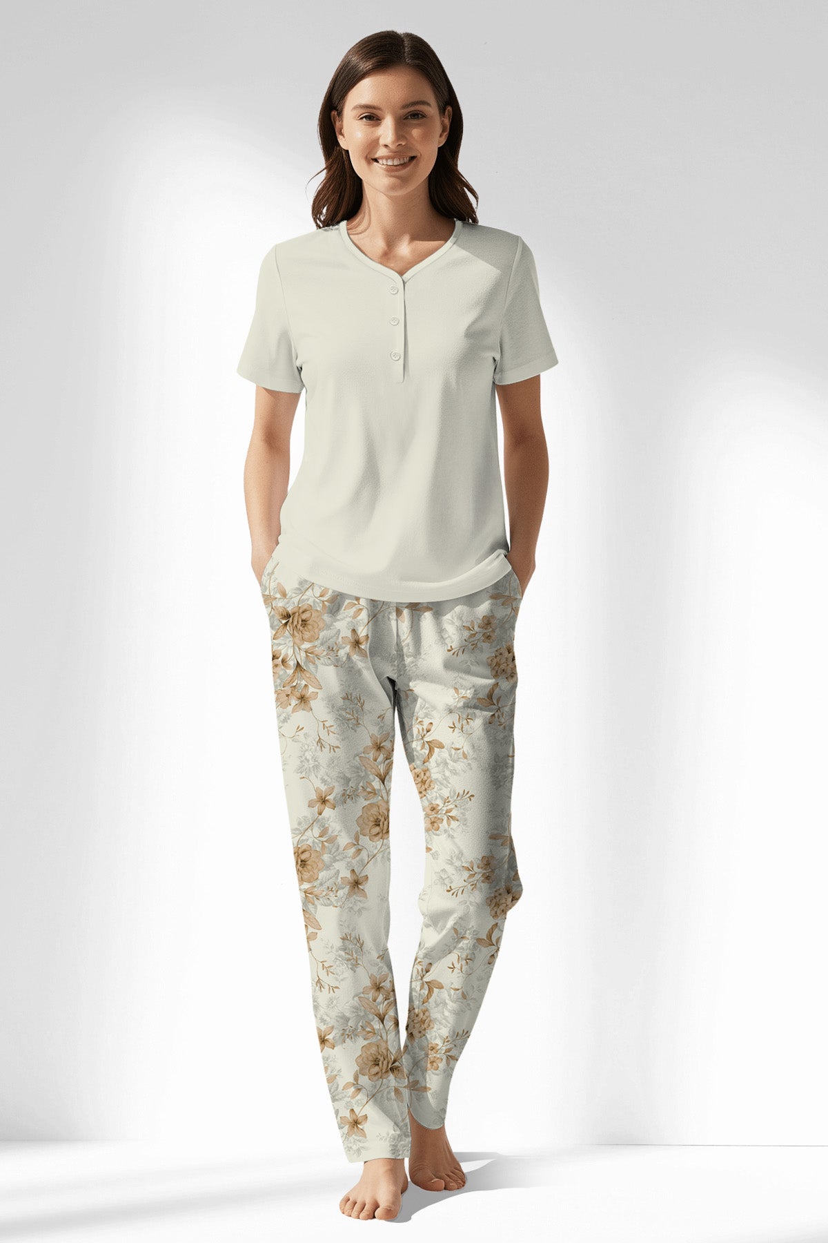 Woman Polyviscon Magnolia Drop Collar Pyjama Set - METRAJ ZEMIN - Image 1