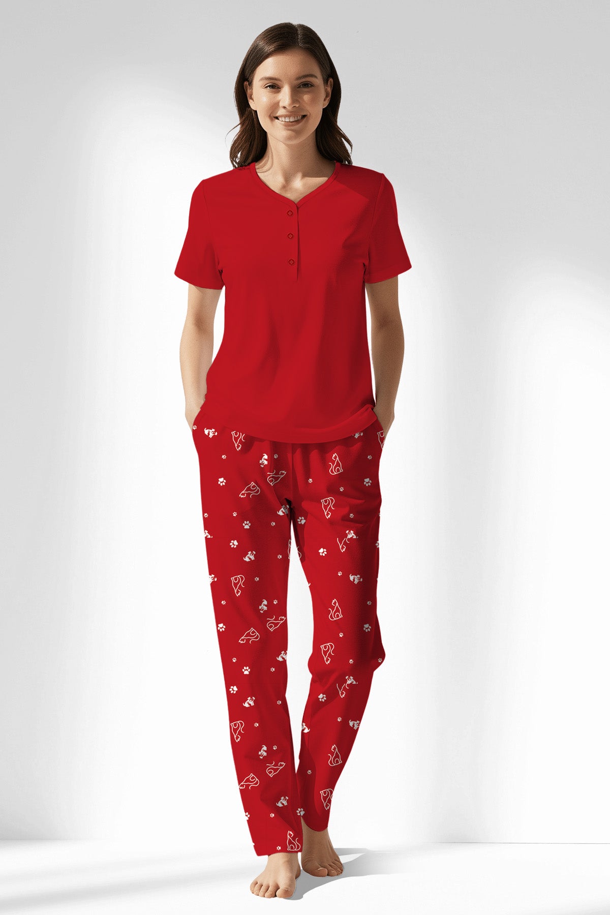 Woman Polyviscon Catty Drop Collar Pyjama Set - METRAJ ZEMIN - Image 1